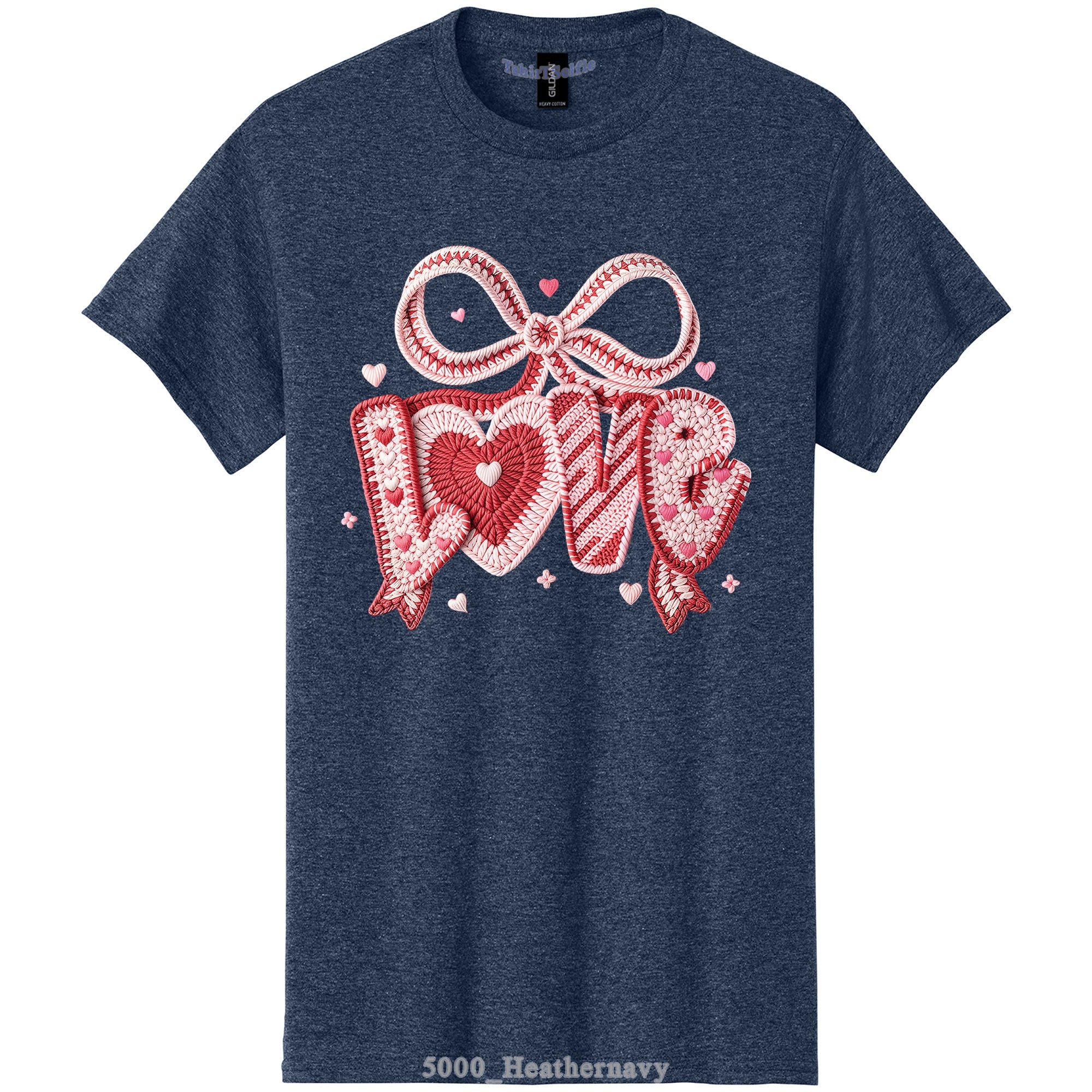 Crochet Heart and Bow Detailed Love Lettered Valentines Day DTF Printed T-Shirt