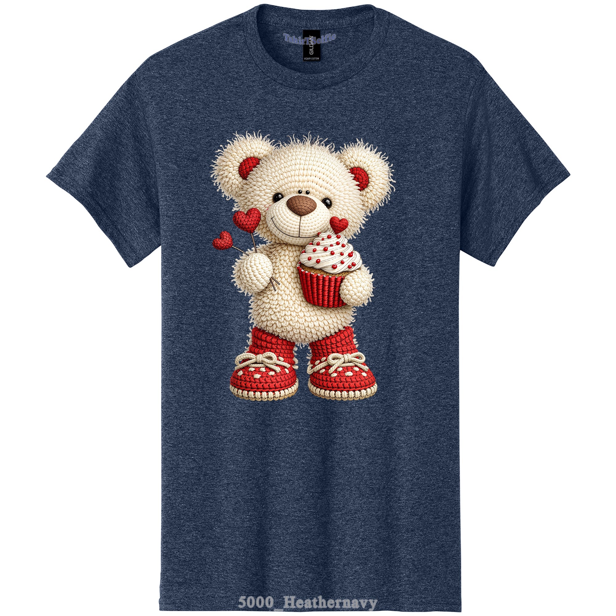 Crochet Heart Bear and Cupcake Design DTF Printed T-Shirt
