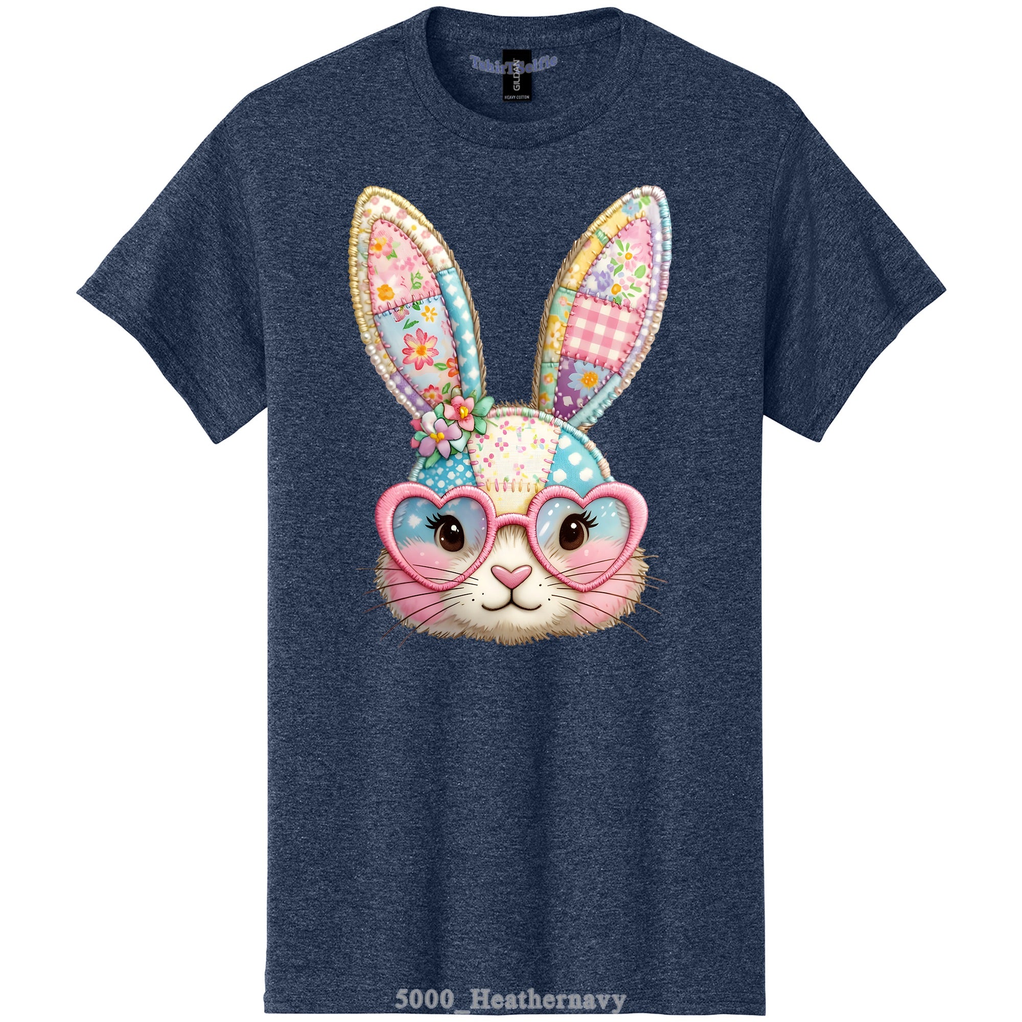 Patchwork Pattern Bunny with Heart Glasses Easter DTF Printed T-Shirt