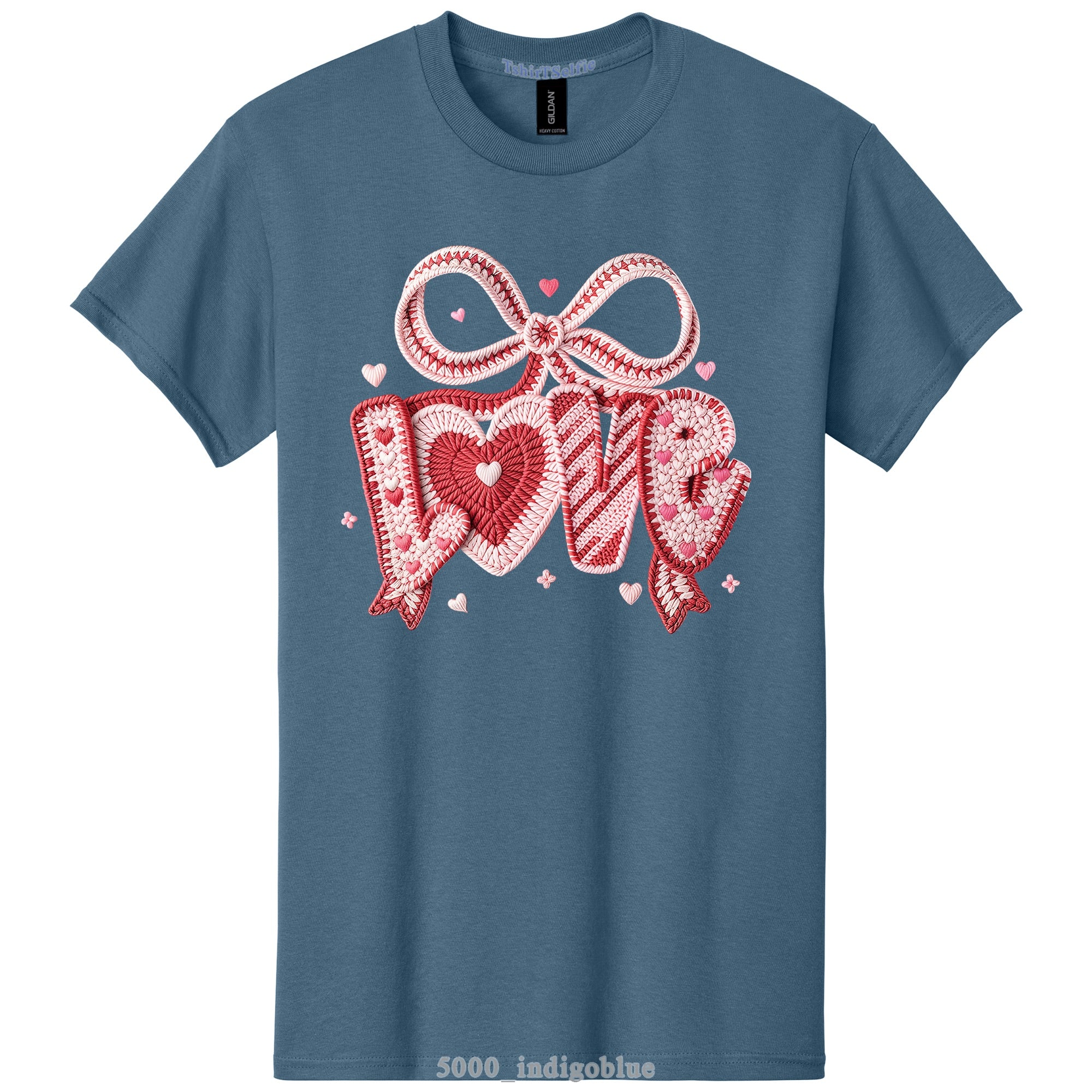 Crochet Heart and Bow Detailed Love Lettered Valentines Day DTF Printed T-Shirt