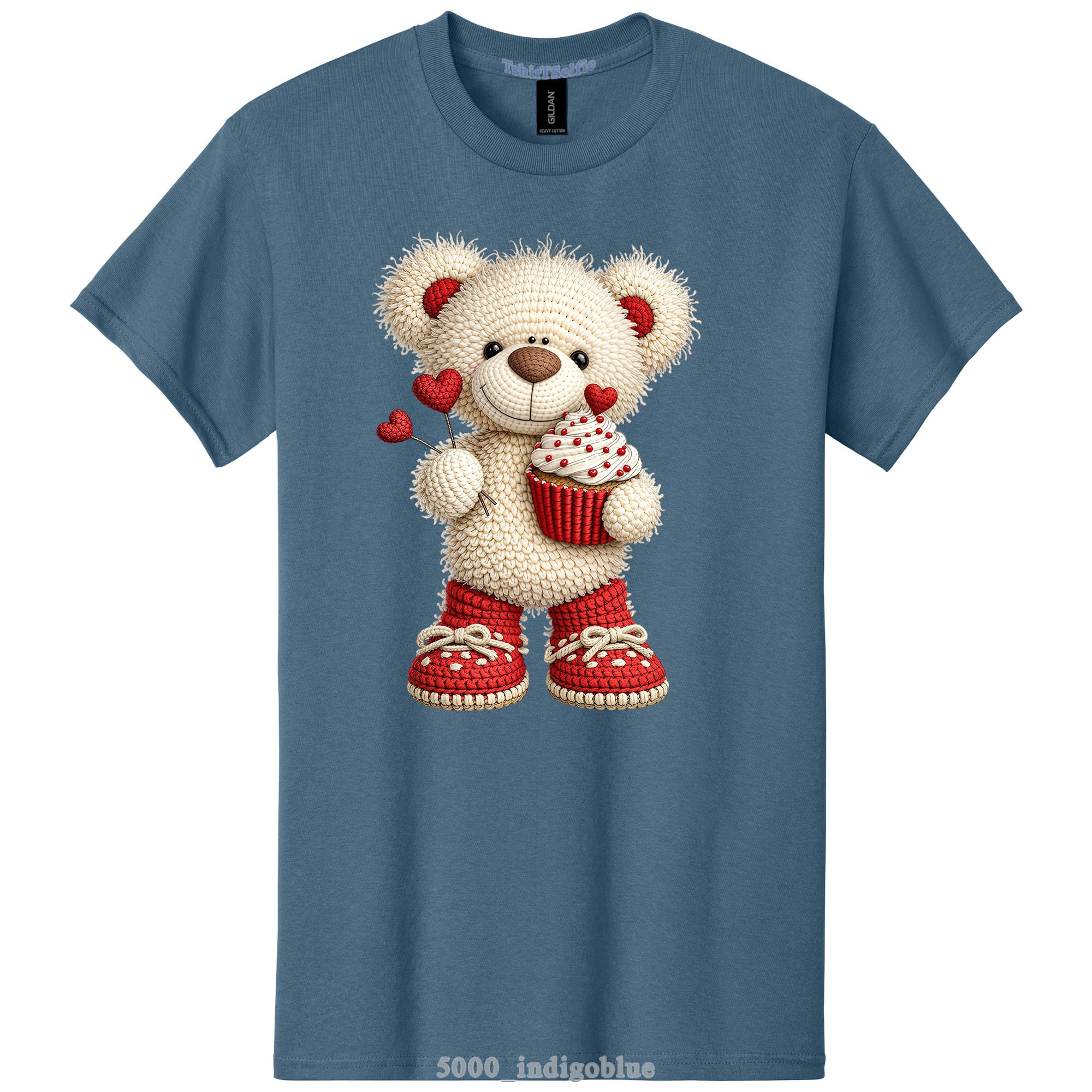 Crochet Heart Bear and Cupcake Design DTF Printed T-Shirt