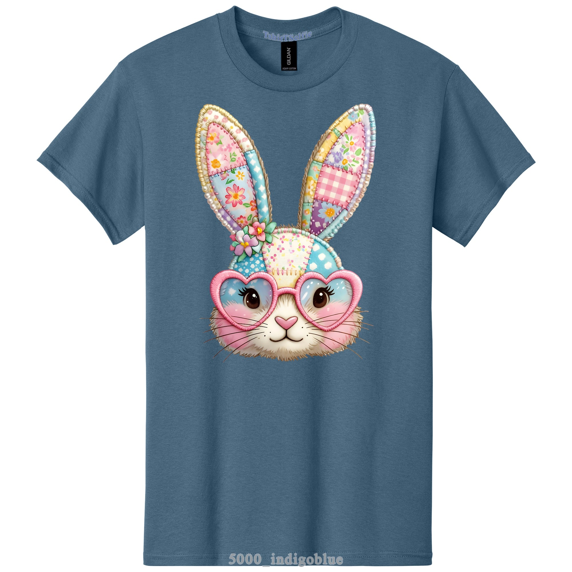 Patchwork Pattern Bunny with Heart Glasses Easter DTF Printed T-Shirt