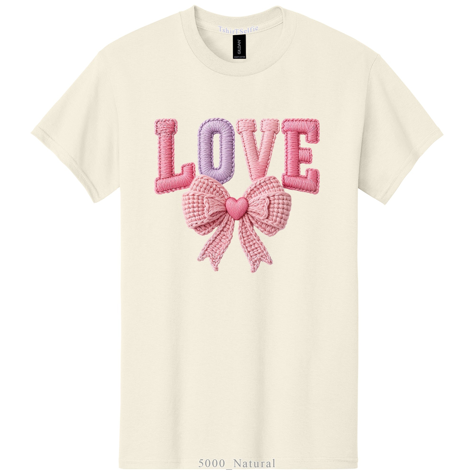Embroidery Look Bow Detailed Love Lettered DTF Printed T-Shirt