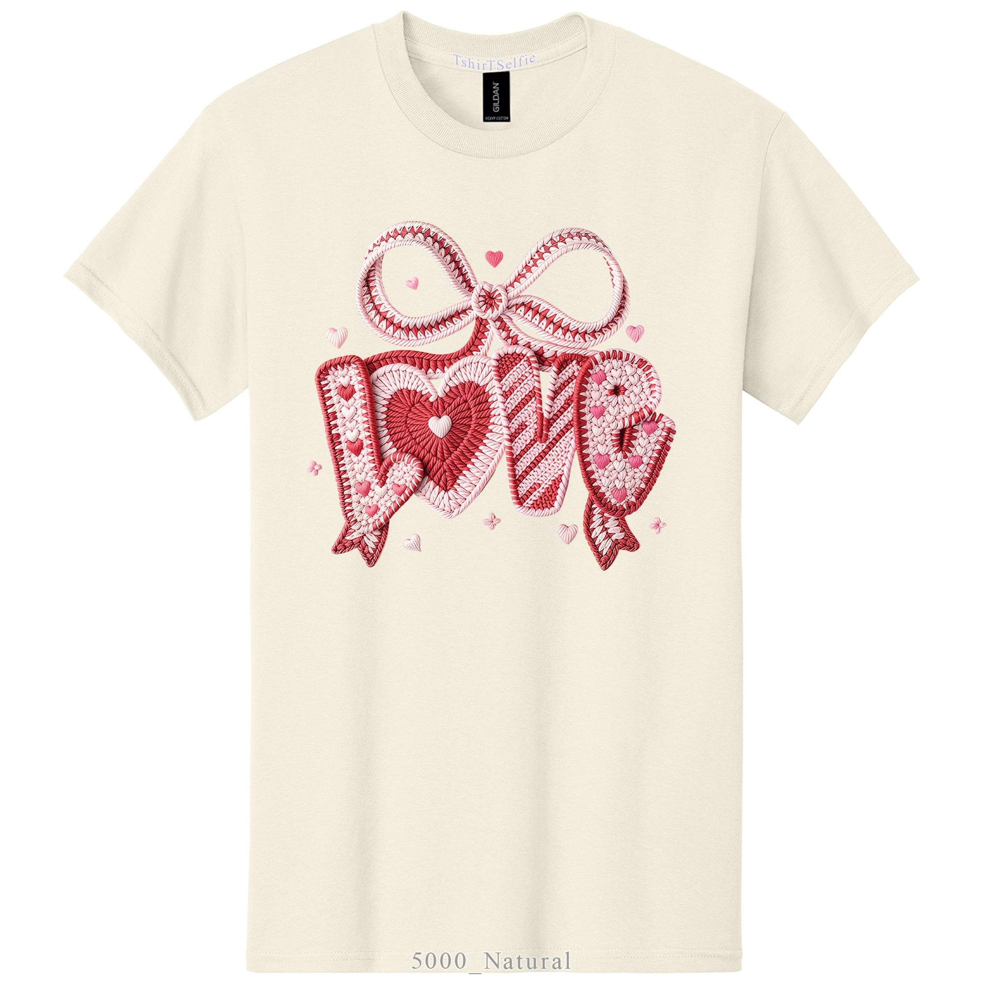 Crochet Heart and Bow Detailed Love Lettered Valentines Day DTF Printed T-Shirt