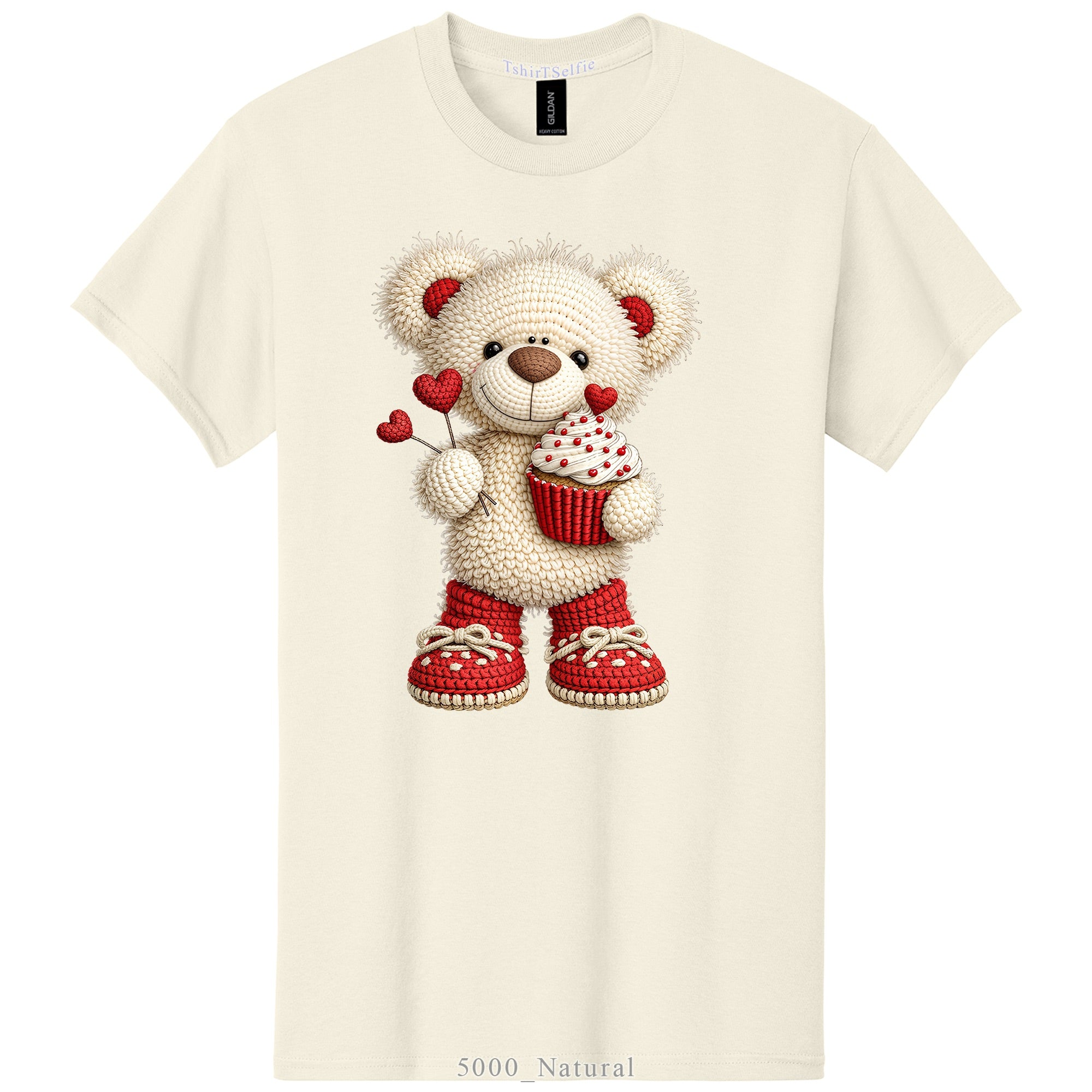 Crochet Heart Bear and Cupcake Design DTF Printed T-Shirt