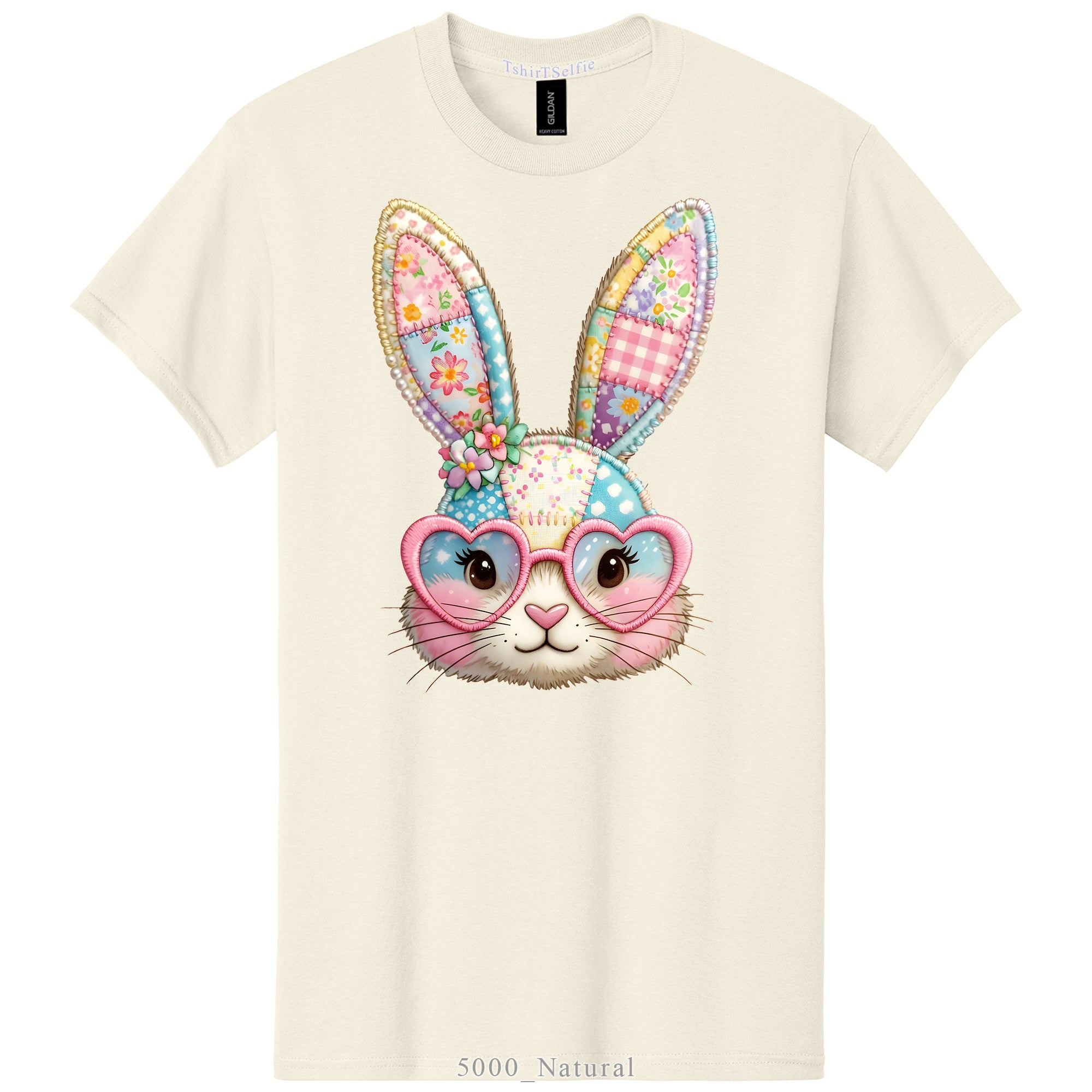 Patchwork Pattern Bunny with Heart Glasses Easter DTF Printed T-Shirt