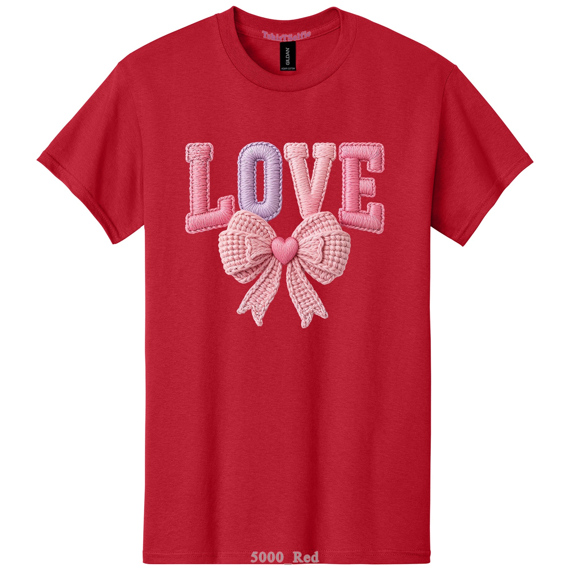 Embroidery Look Bow Detailed Love Lettered DTF Printed T-Shirt