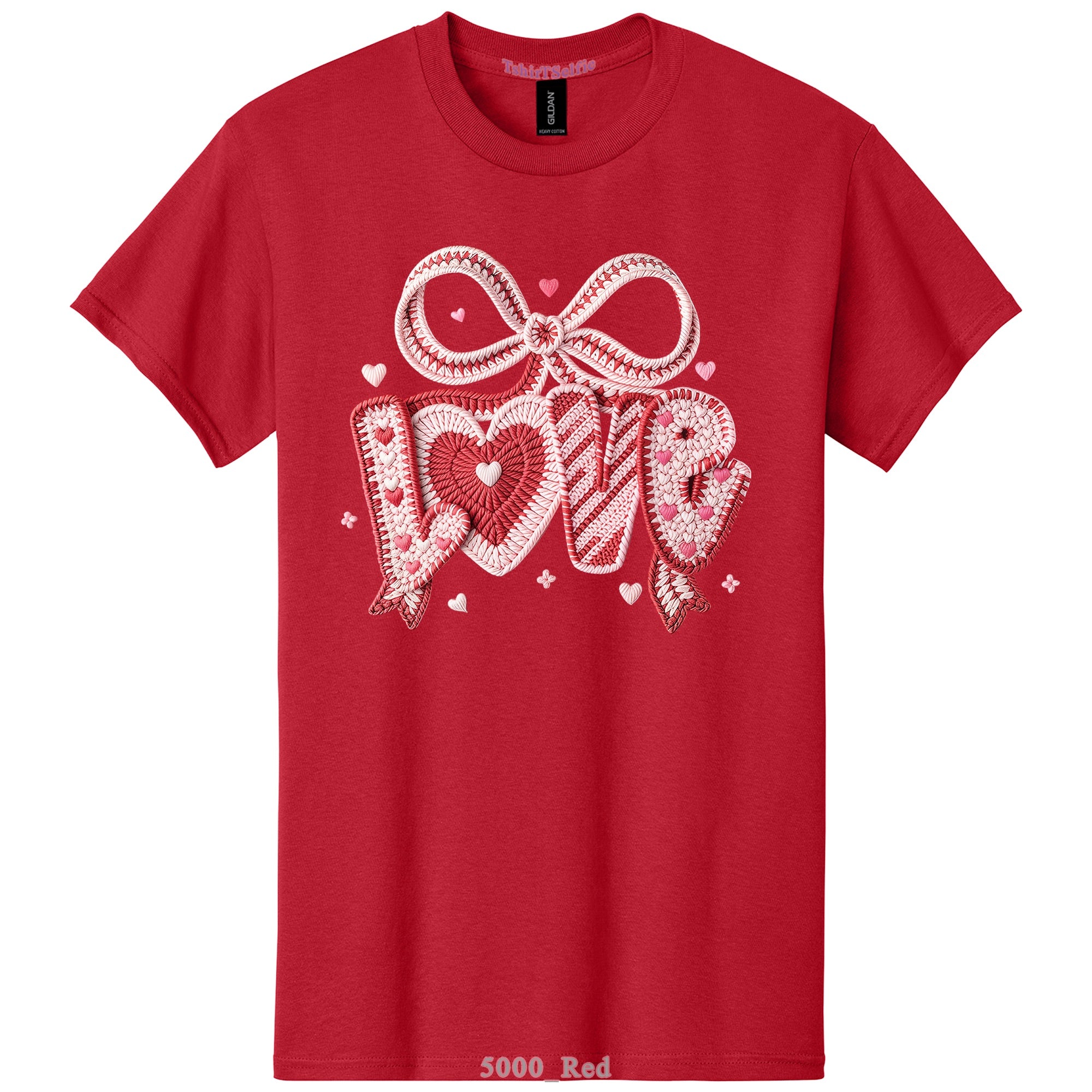 Crochet Heart and Bow Detailed Love Lettered Valentines Day DTF Printed T-Shirt