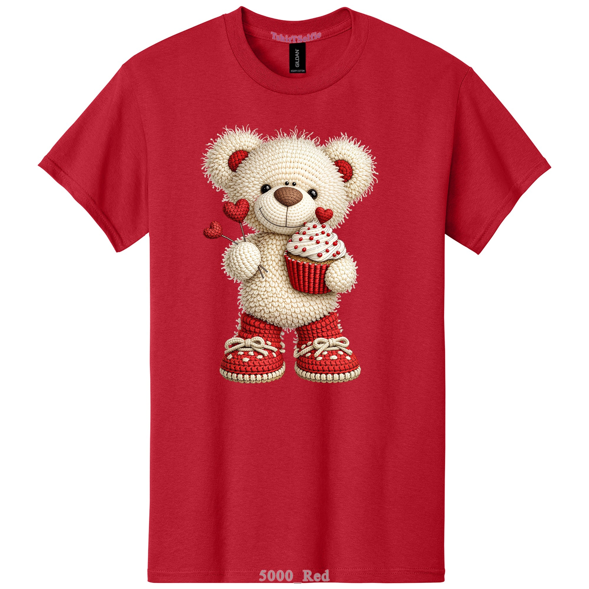 Crochet Heart Bear and Cupcake Design DTF Printed T-Shirt