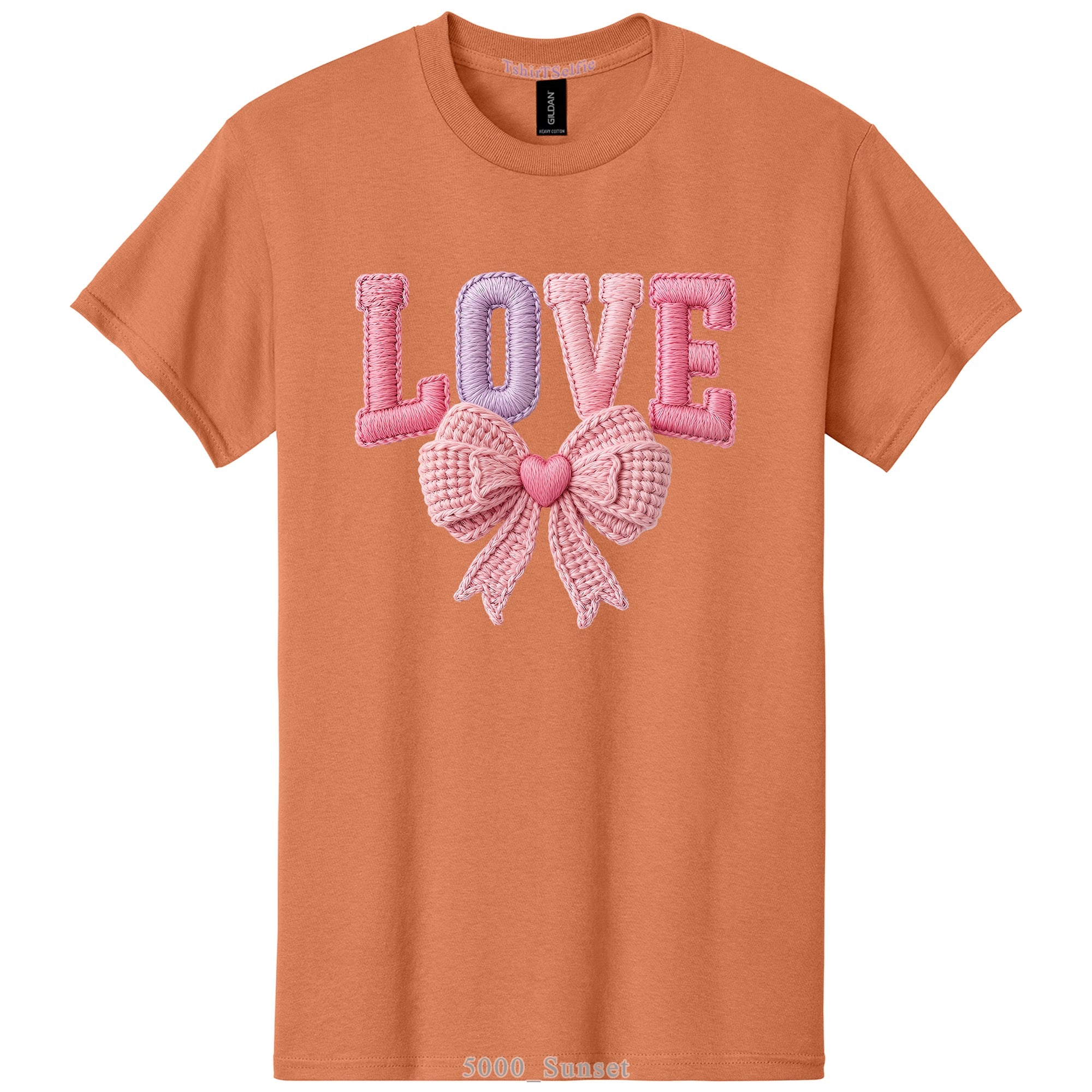 Embroidery Look Bow Detailed Love Lettered DTF Printed T-Shirt