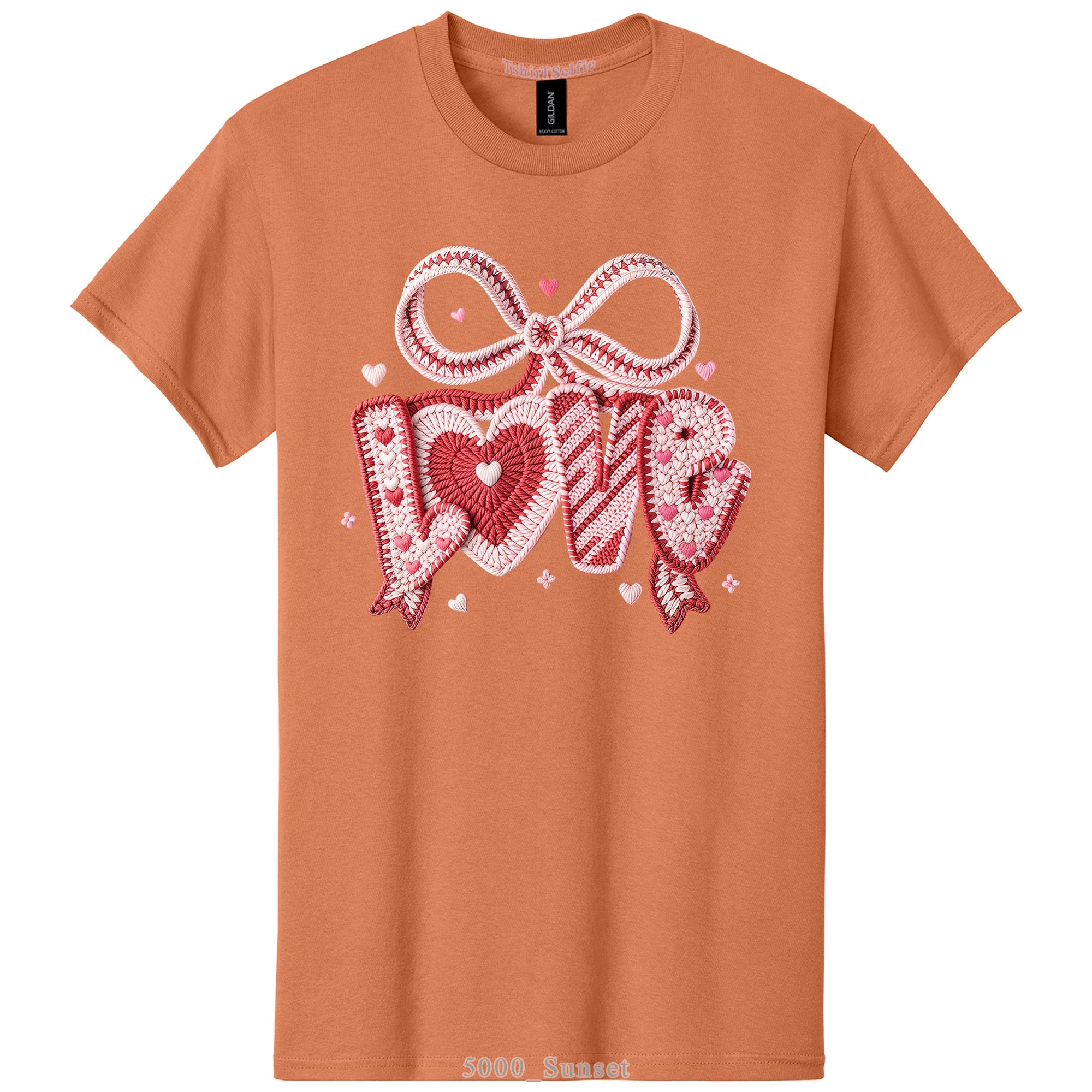 Crochet Heart and Bow Detailed Love Lettered Valentines Day DTF Printed T-Shirt