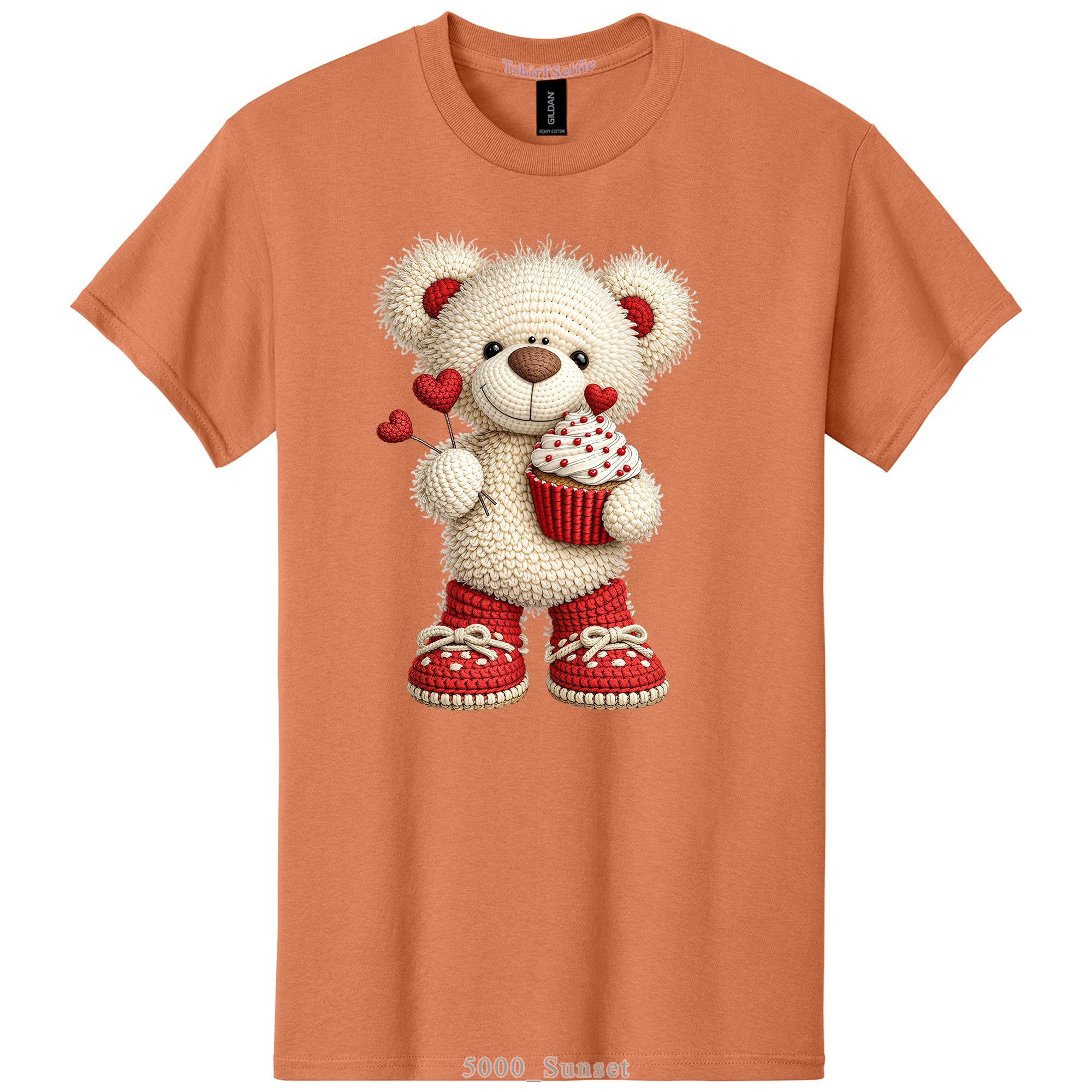 Crochet Heart Bear and Cupcake Design DTF Printed T-Shirt