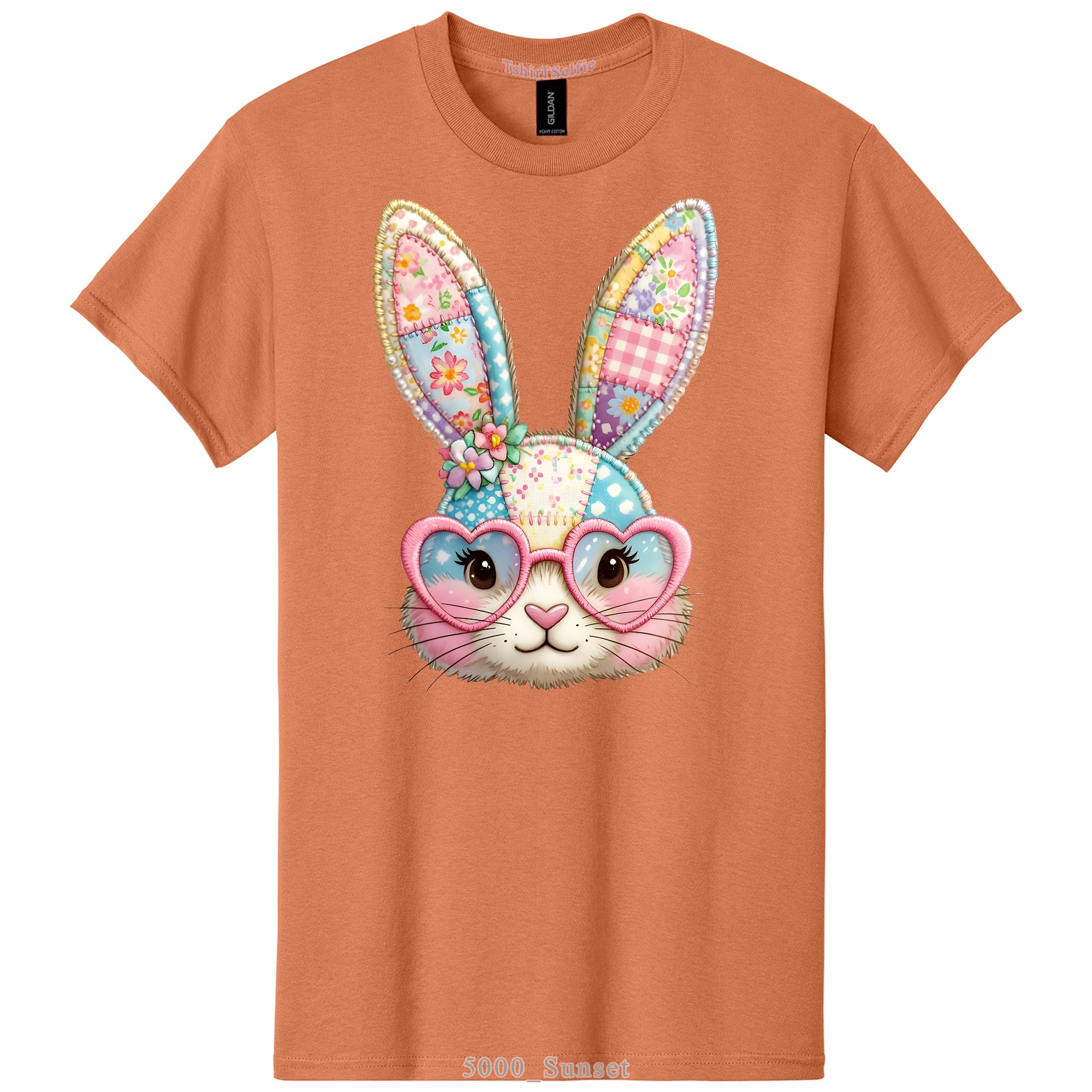 Patchwork Pattern Bunny with Heart Glasses Easter DTF Printed T-Shirt