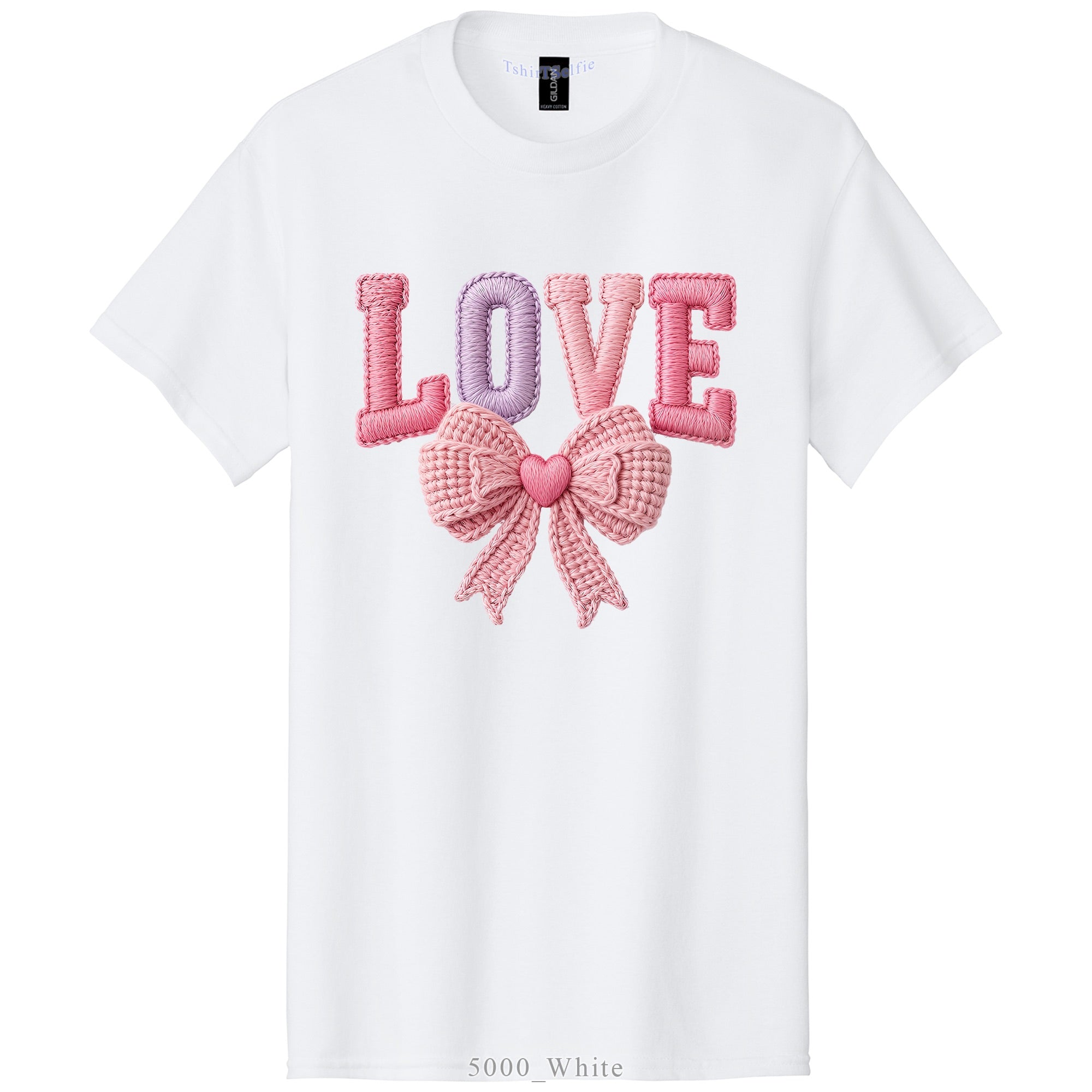 Embroidery Look Bow Detailed Love Lettered DTF Printed T-Shirt