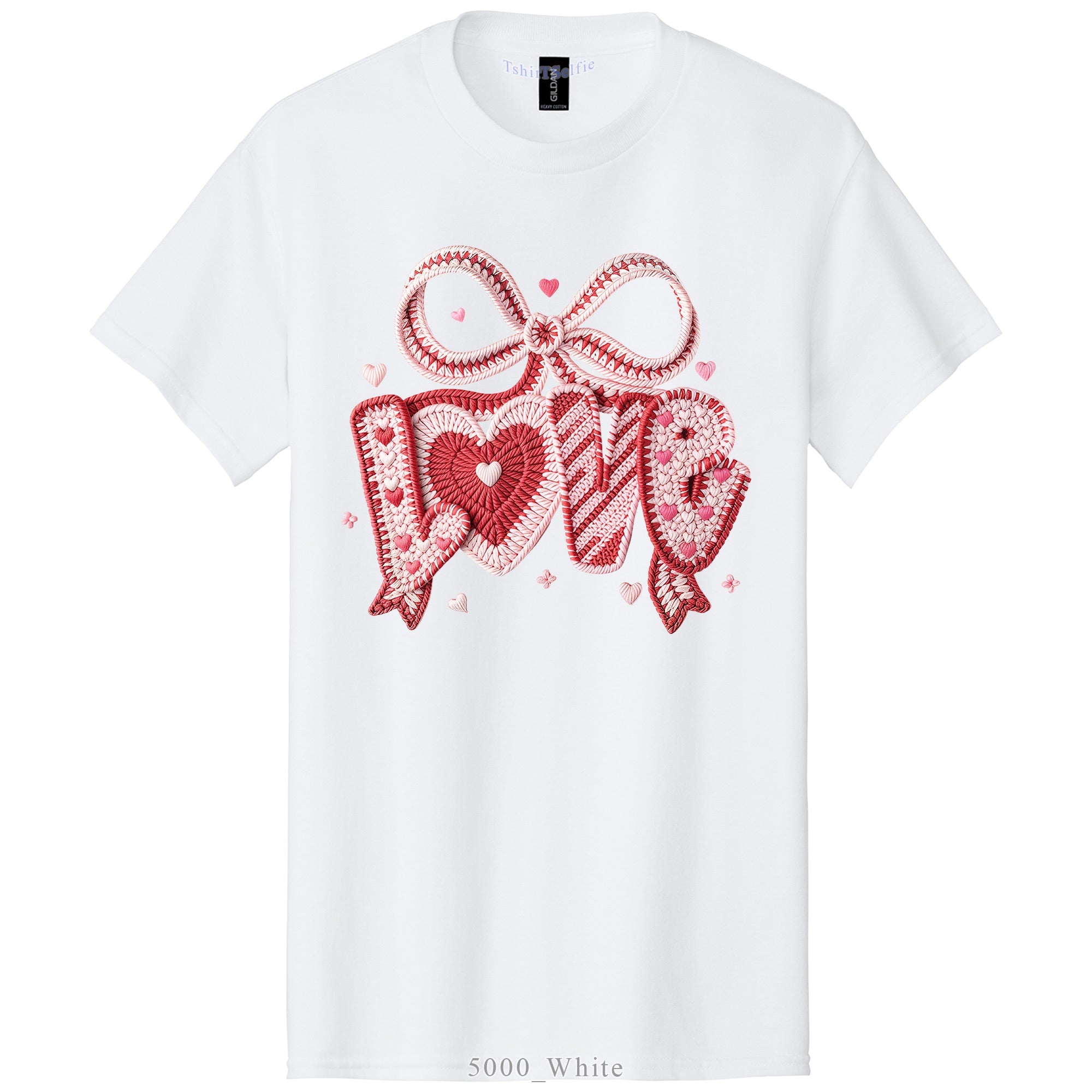 Crochet Heart and Bow Detailed Love Lettered Valentines Day DTF Printed T-Shirt