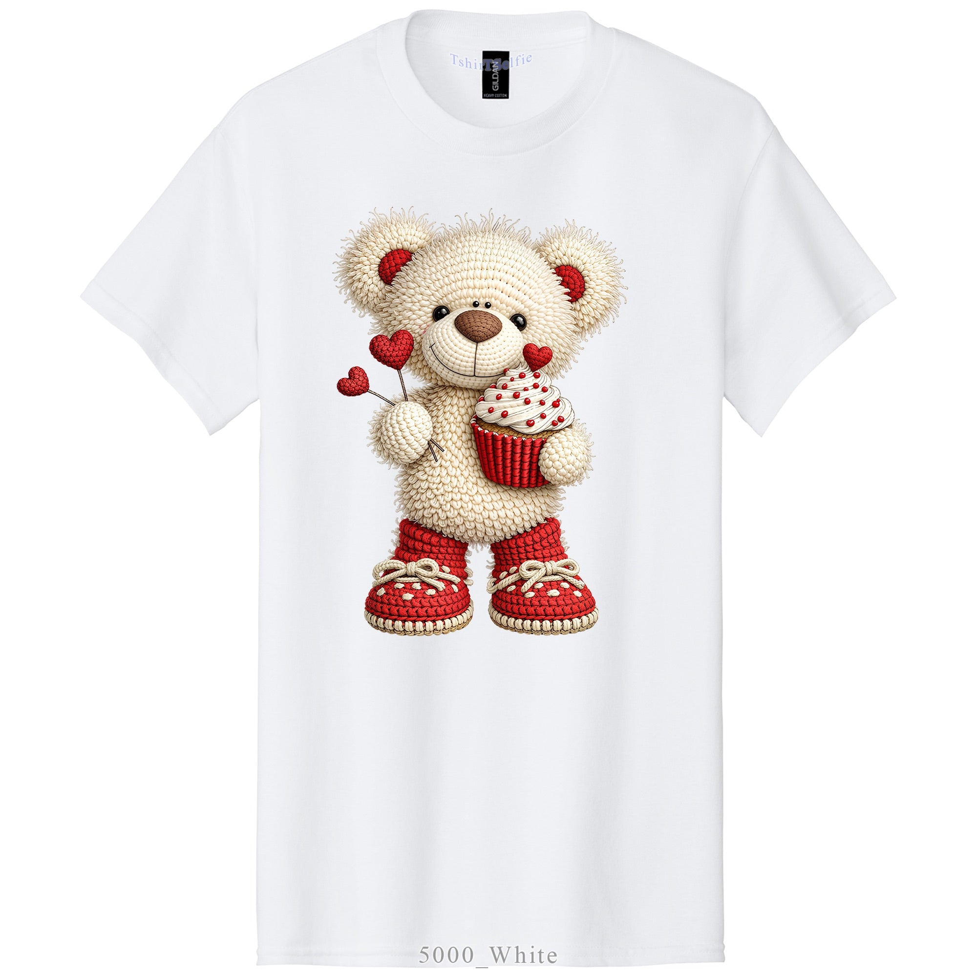 Crochet Heart Bear and Cupcake Design DTF Printed T-Shirt