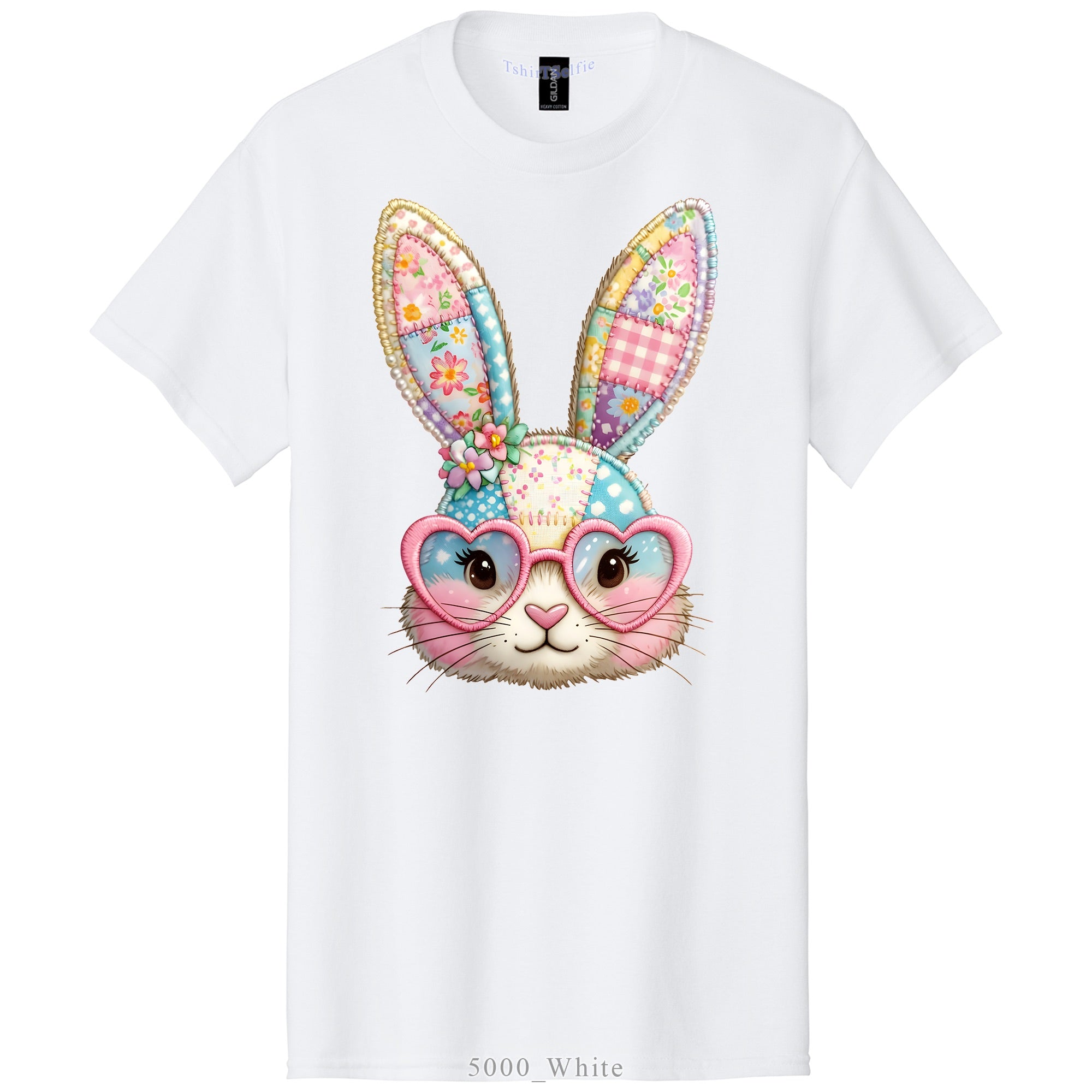 Patchwork Pattern Bunny with Heart Glasses Easter DTF Printed T-Shirt