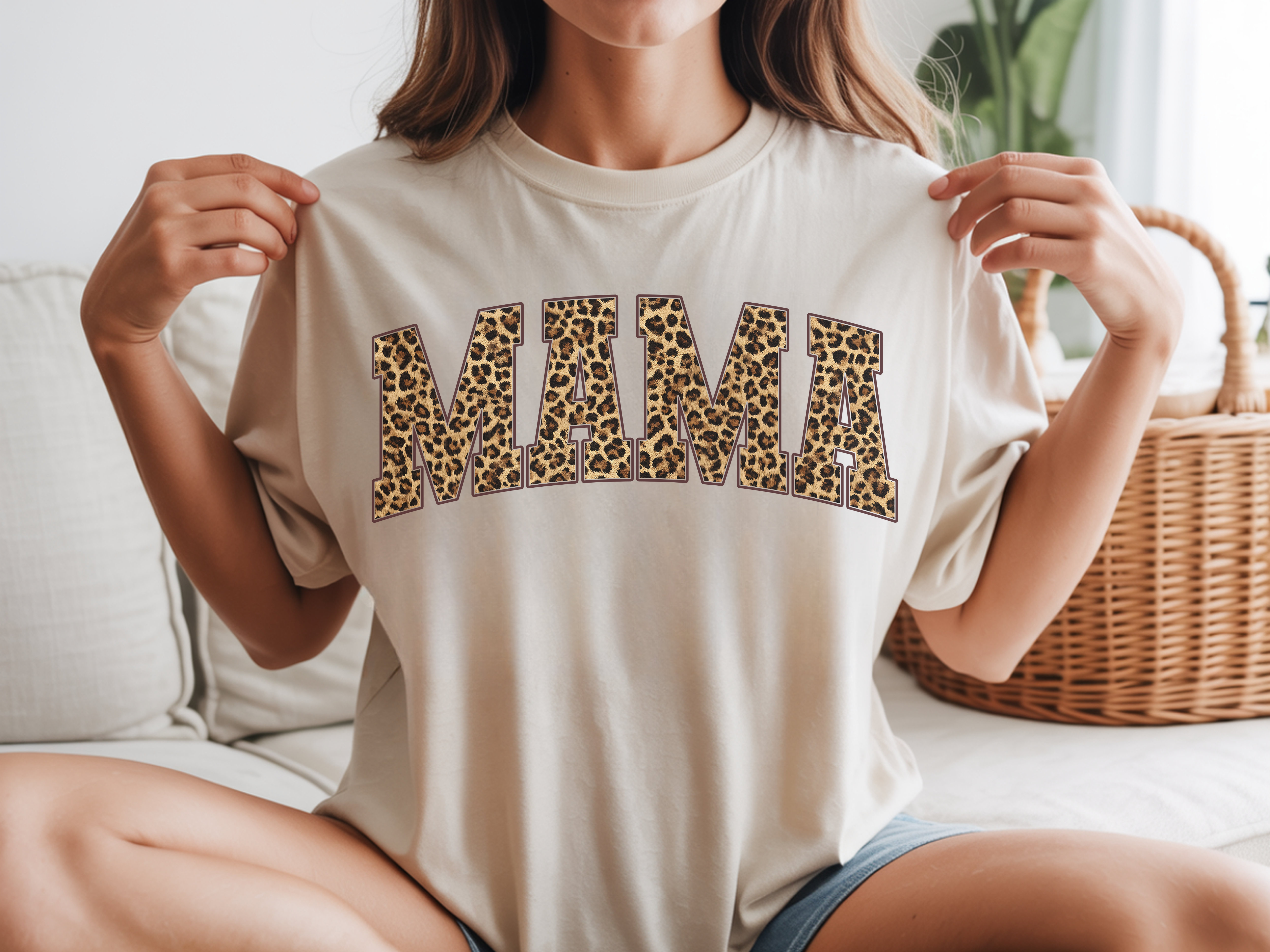 Leopard Print Mama Ivory Comfort Colors 1717 T-Shirt, Varsity Style Motherhood Graphic Tee
