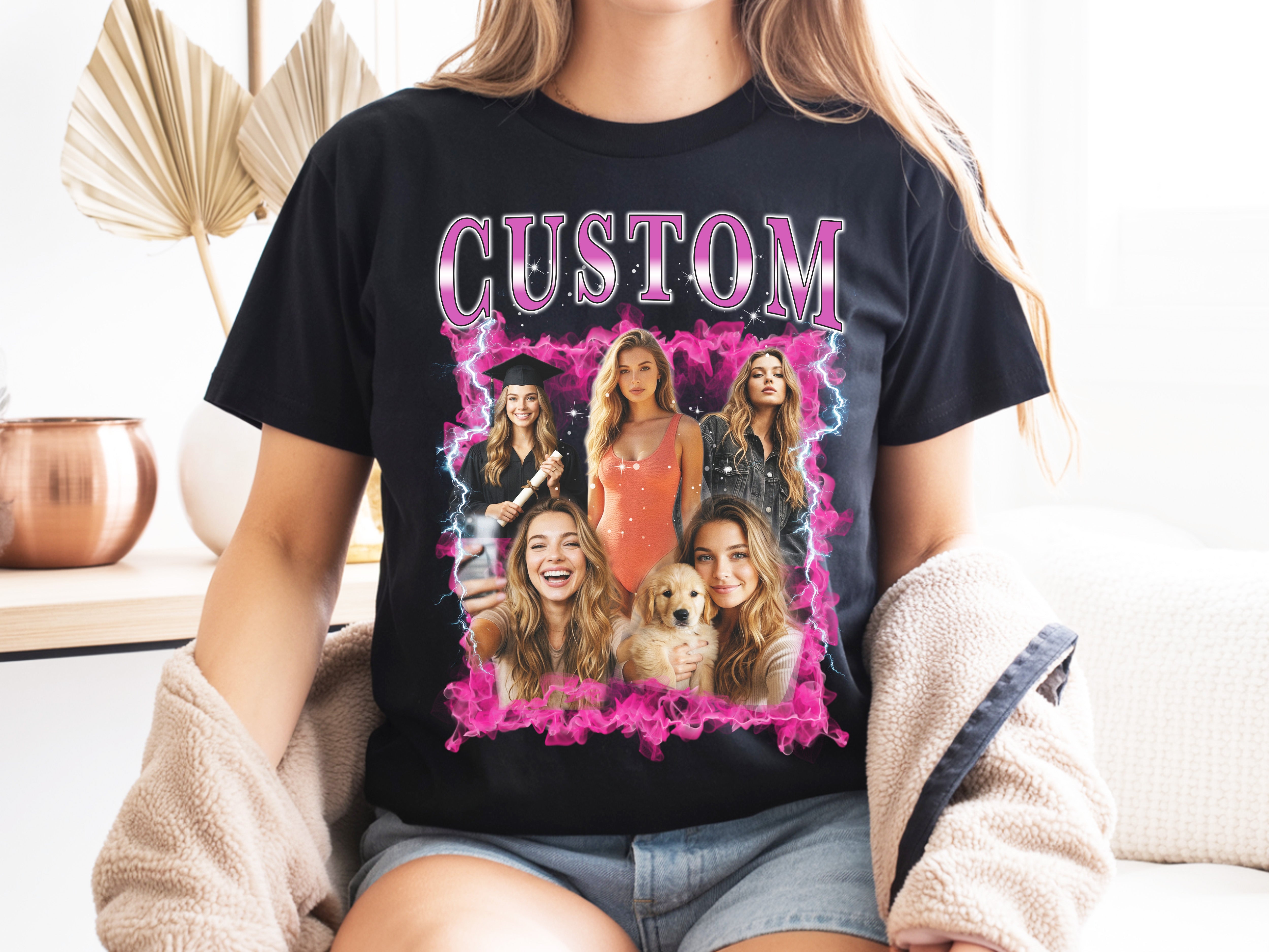 Custom Photo Collage T-Shirt, Vintage 90s Bootleg Style Graphic Tee, Personalized Cotton Shirt
