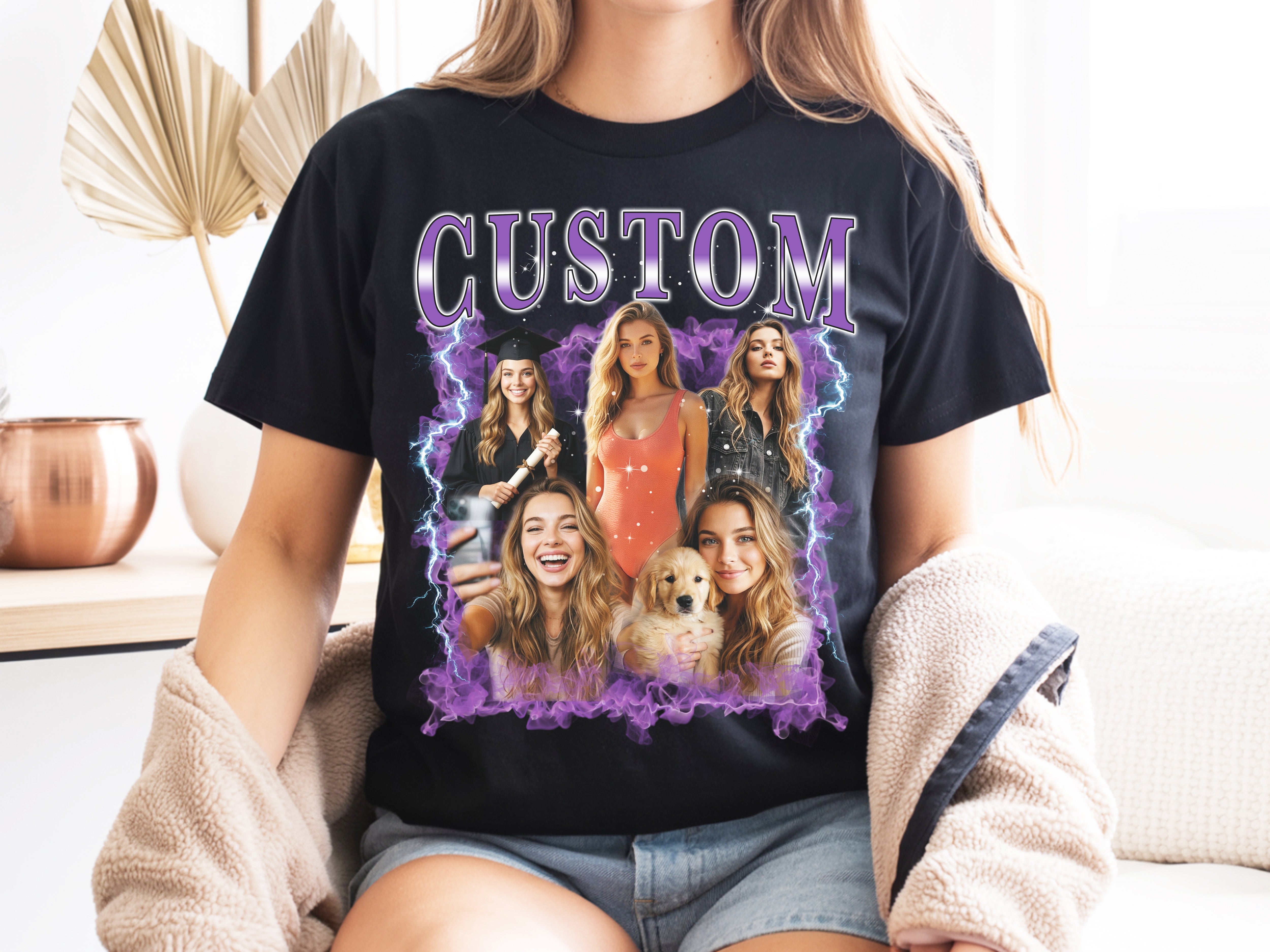 Custom Photo Collage T-Shirt, Vintage 90s Bootleg Style Graphic Tee, Personalized Cotton Shirt