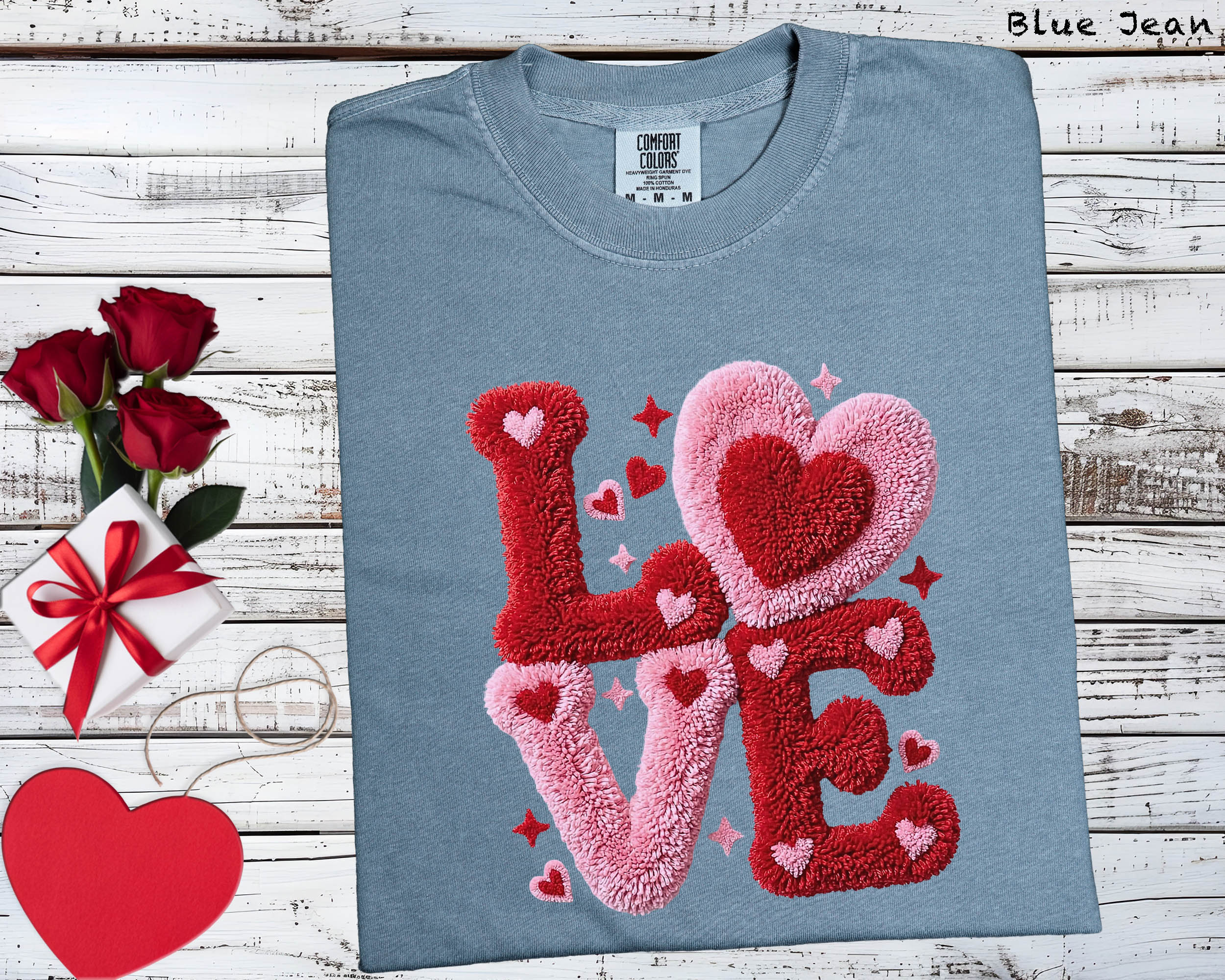 Love Heart Chenille Patch Effect Ivory Graphic Tee - Comfort Colors 1717 Valentine’s Day Shirt