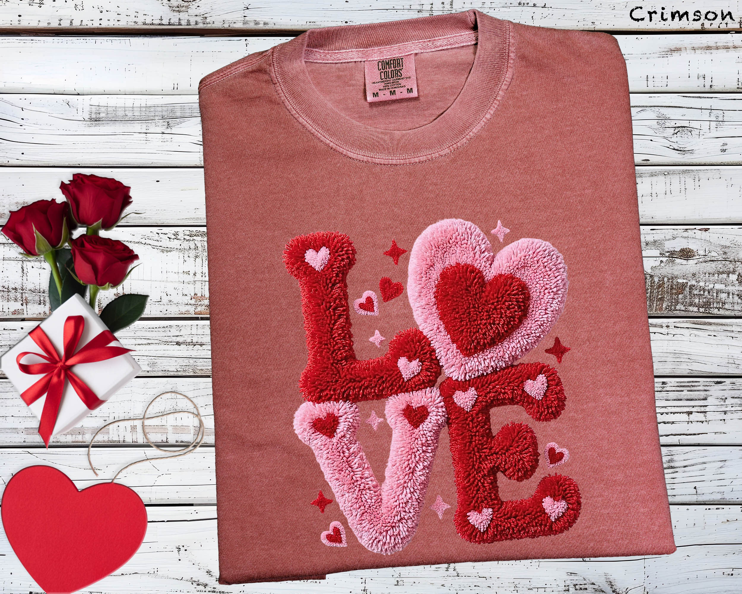 Love Heart Chenille Patch Effect Ivory Graphic Tee - Comfort Colors 1717 Valentine’s Day Shirt