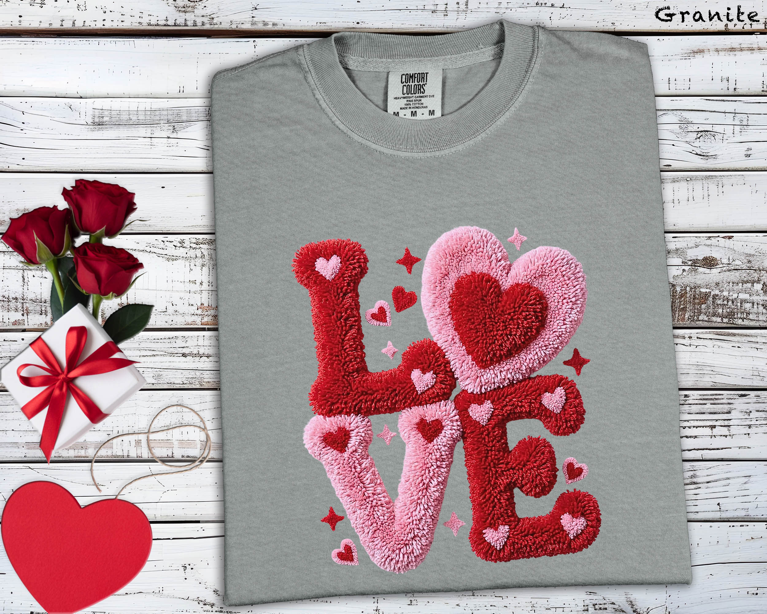 Love Heart Chenille Patch Effect Ivory Graphic Tee - Comfort Colors 1717 Valentine’s Day Shirt