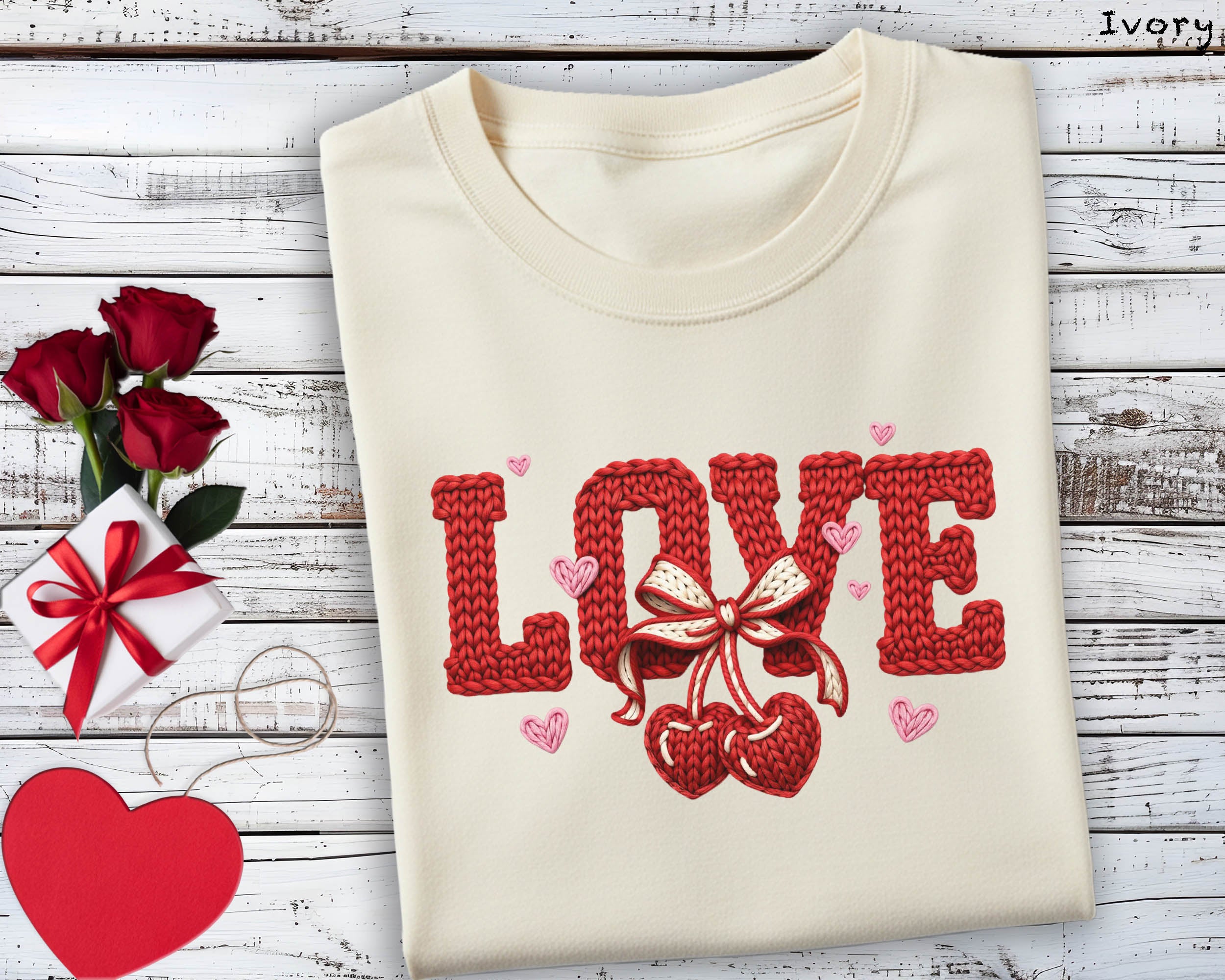 Love Knit Texture Ivory Graphic Tee - Comfort Colors 1717 Valentine's Faux Embroidery Shirt