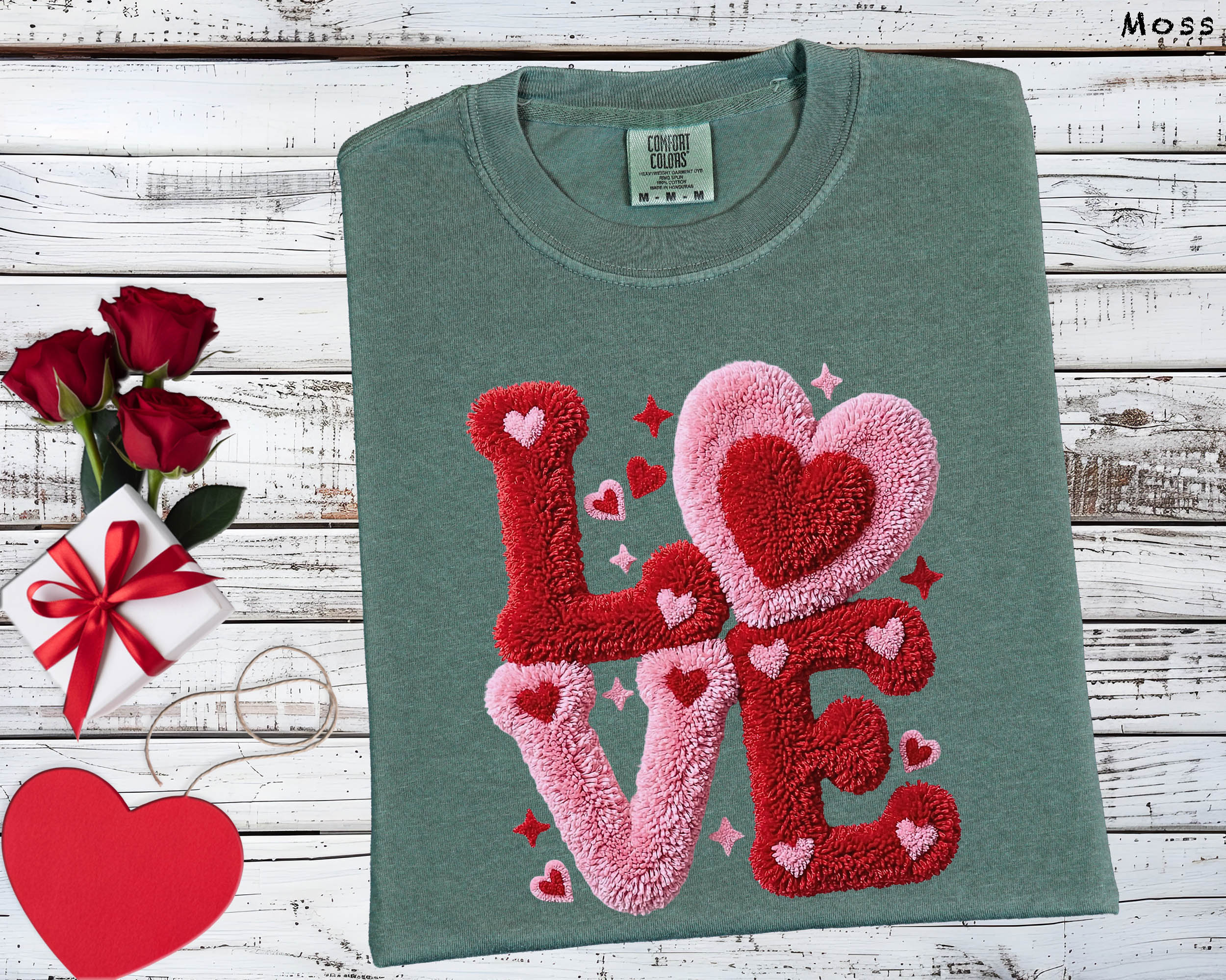 Love Heart Chenille Patch Effect Ivory Graphic Tee - Comfort Colors 1717 Valentine’s Day Shirt