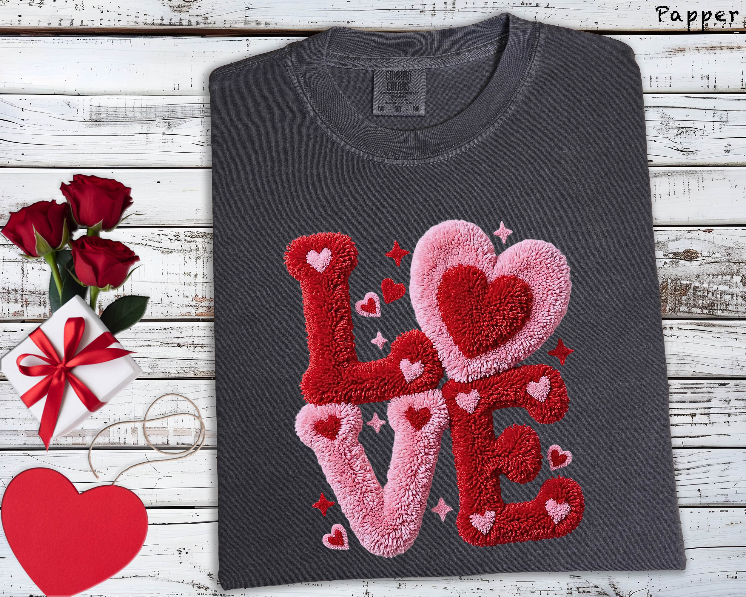 Love Heart Chenille Patch Effect Ivory Graphic Tee - Comfort Colors 1717 Valentine’s Day Shirt
