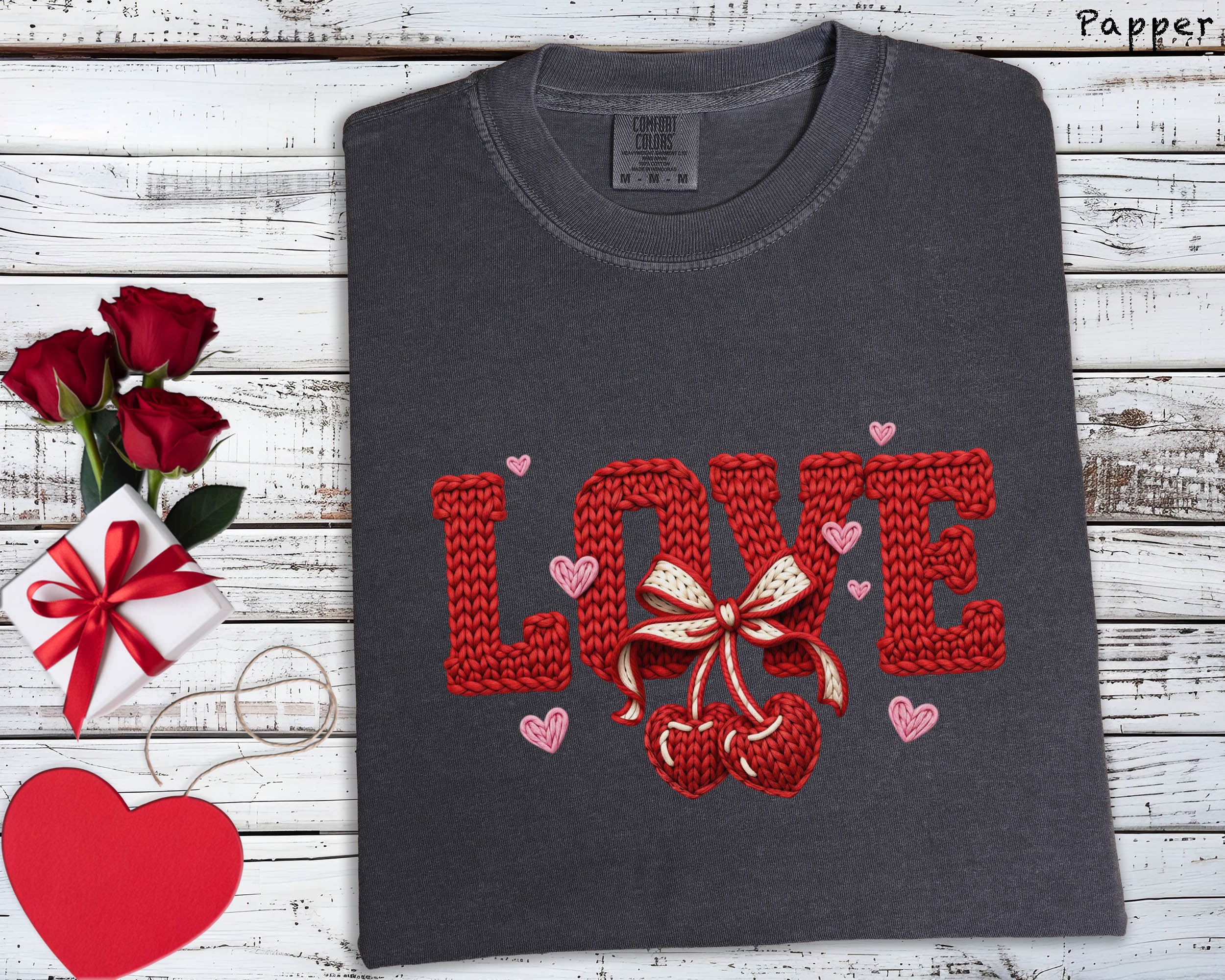 Love Knit Texture Ivory Graphic Tee - Comfort Colors 1717 Valentine's Faux Embroidery Shirt