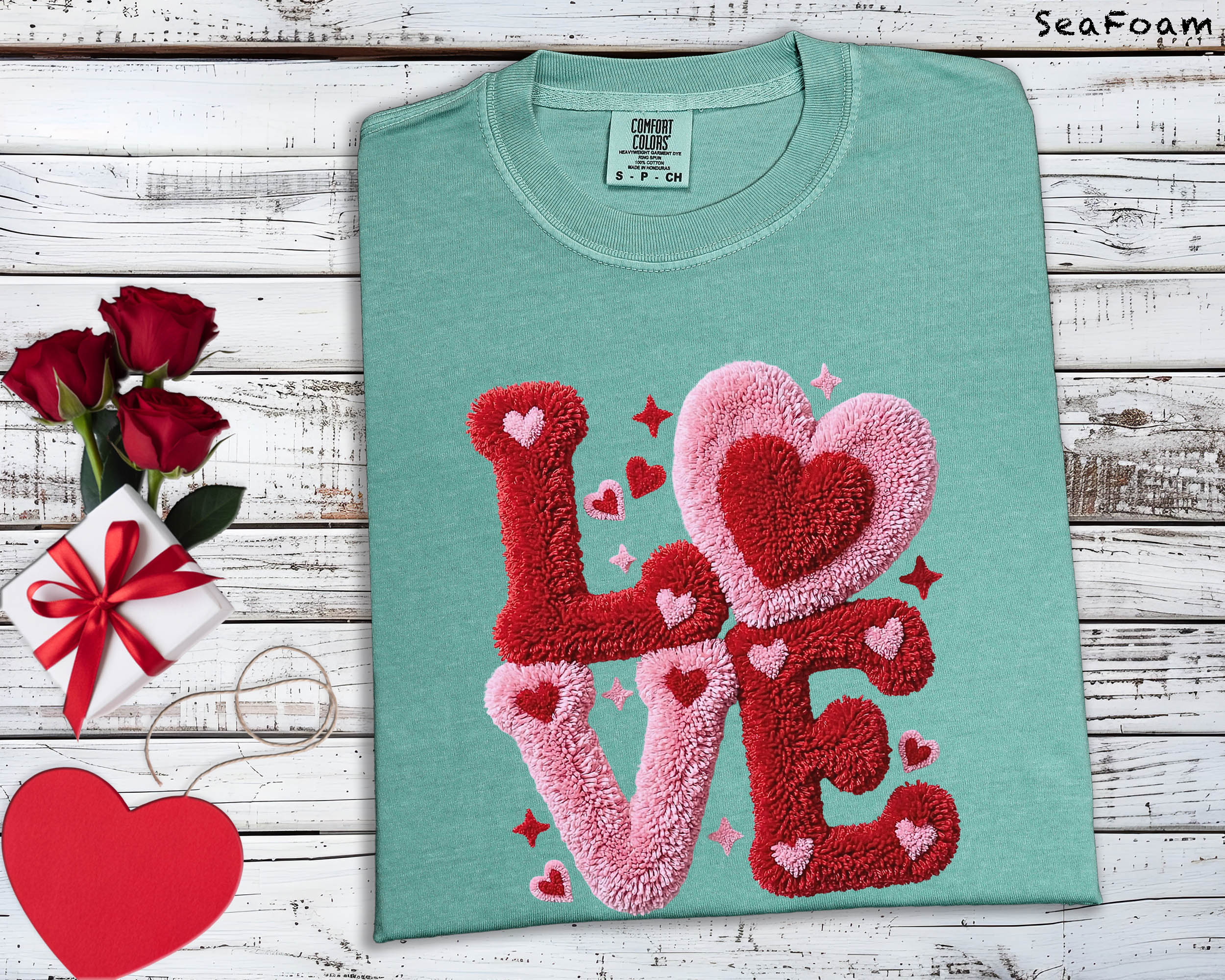 Love Heart Chenille Patch Effect Ivory Graphic Tee - Comfort Colors 1717 Valentine’s Day Shirt