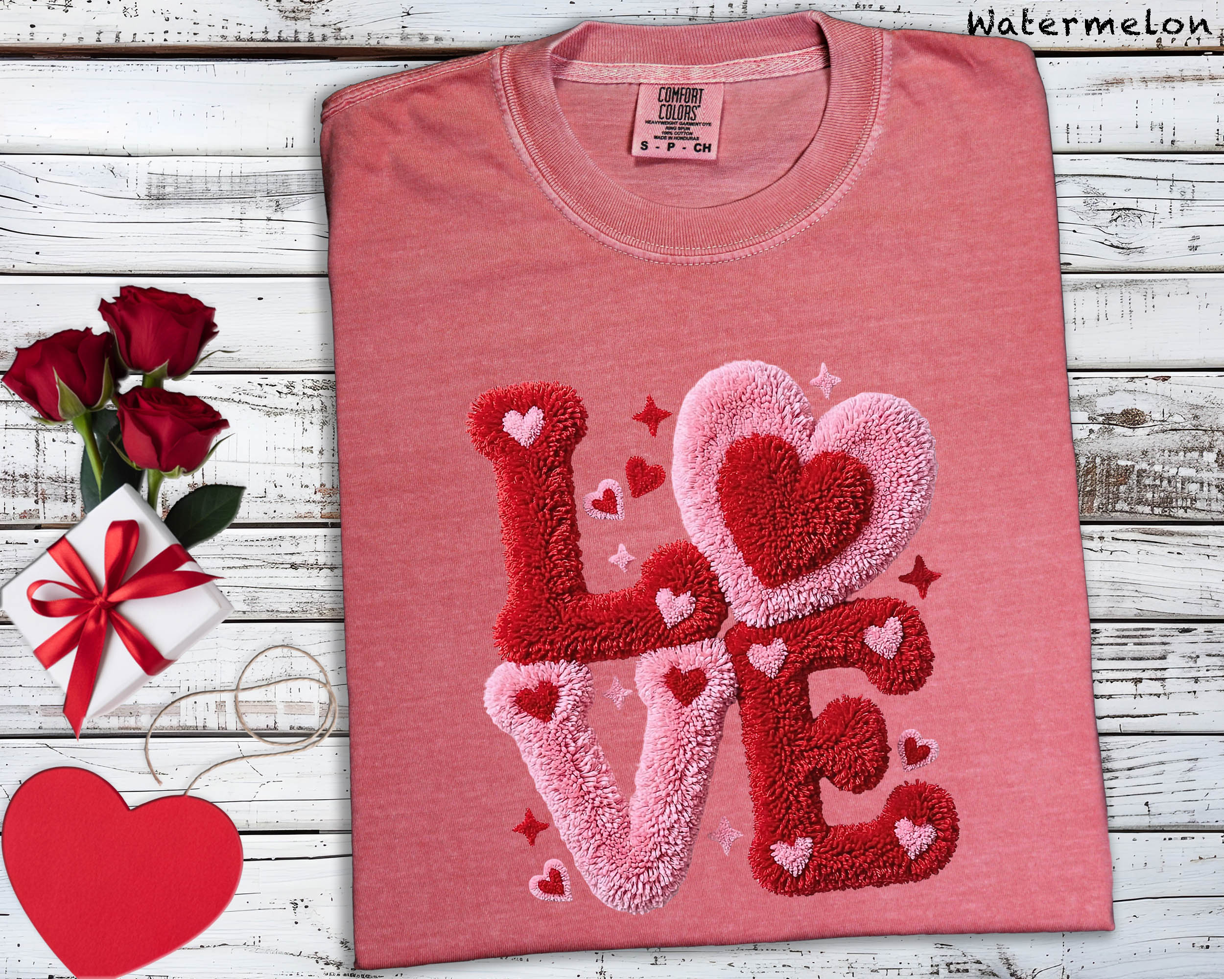 Love Heart Chenille Patch Effect Ivory Graphic Tee - Comfort Colors 1717 Valentine’s Day Shirt