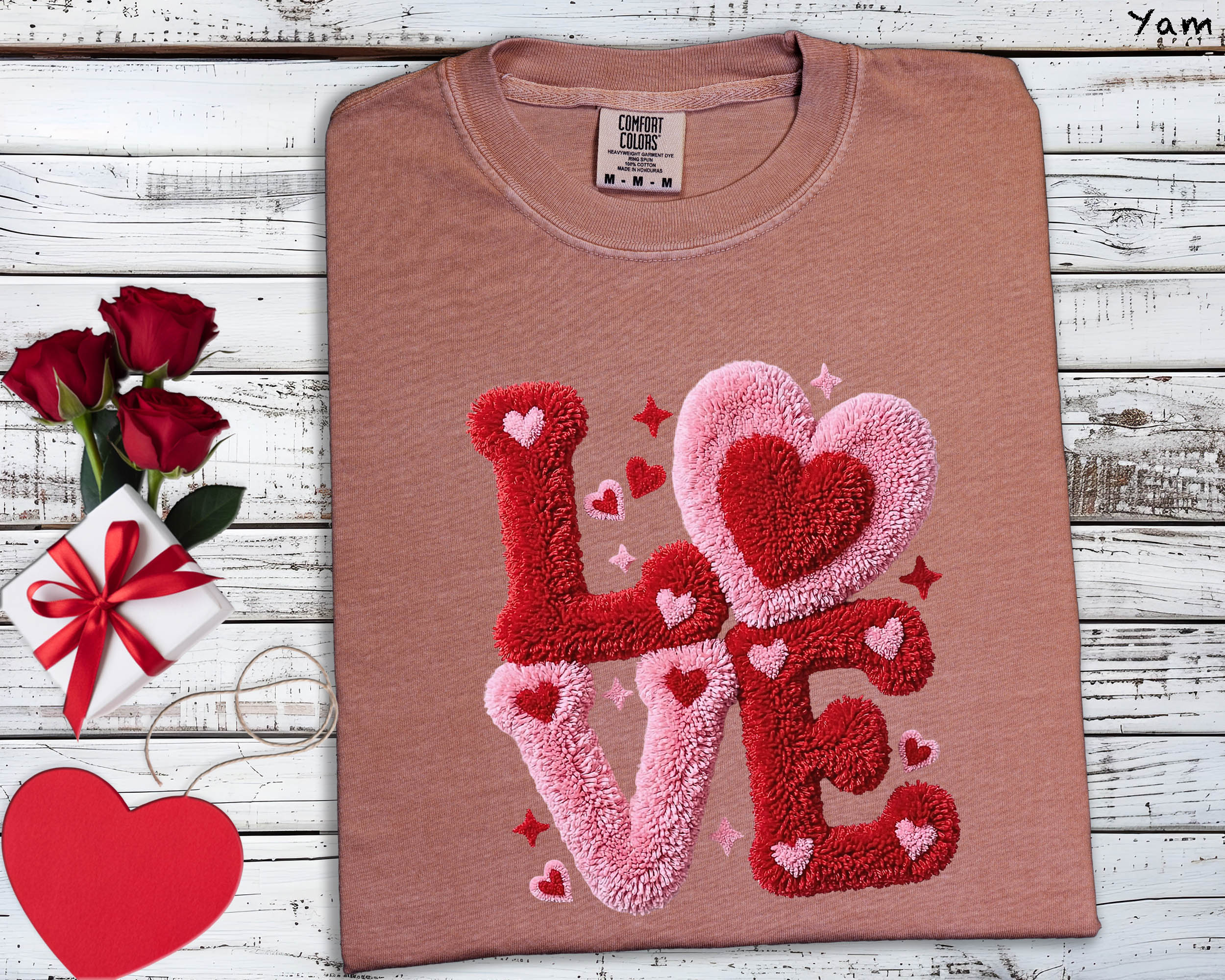 Love Heart Chenille Patch Effect Ivory Graphic Tee - Comfort Colors 1717 Valentine’s Day Shirt