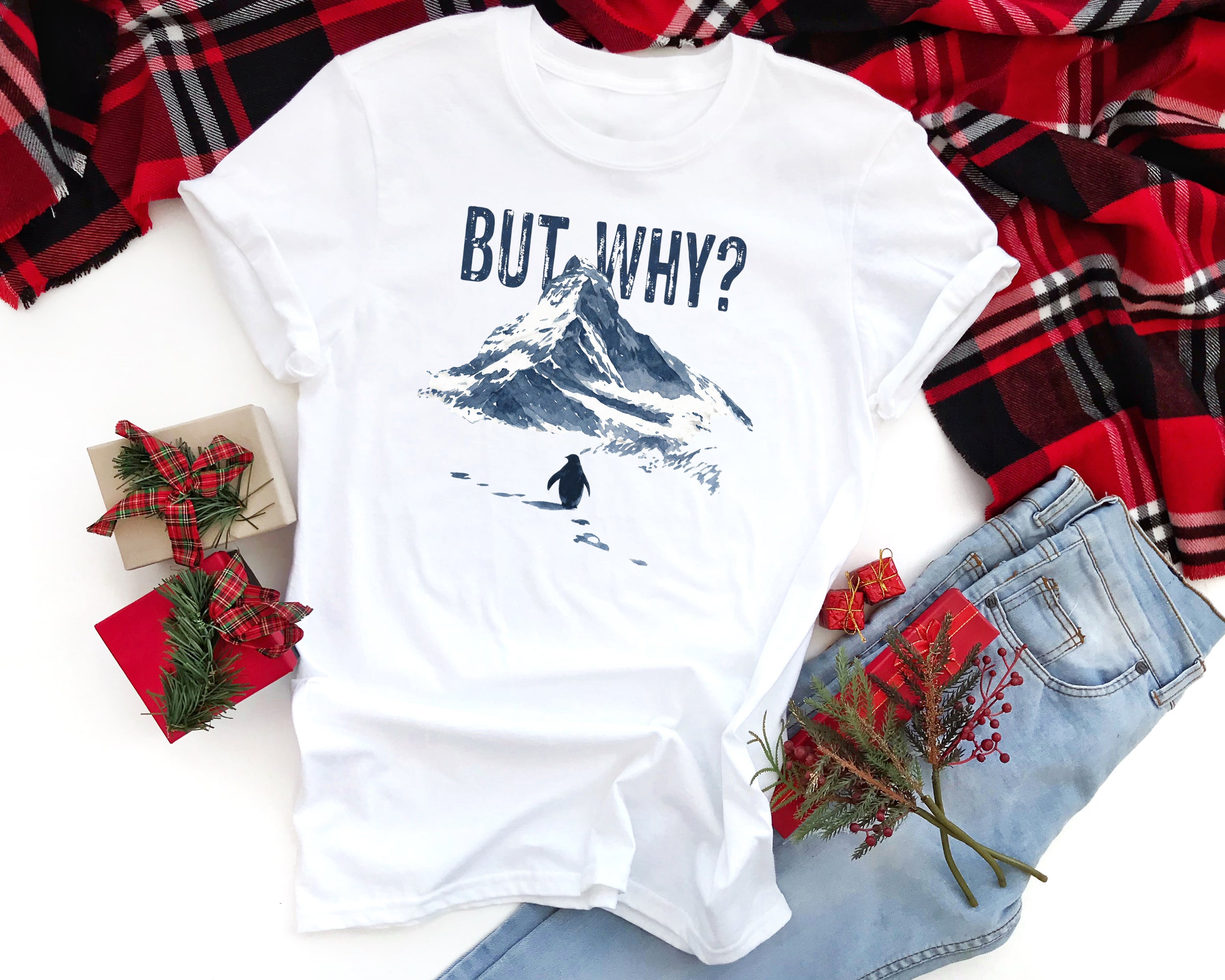 But Why Penguin Mountain T-Shirt, Emotional Themed Graphic Tee, Unisex Artistic Top