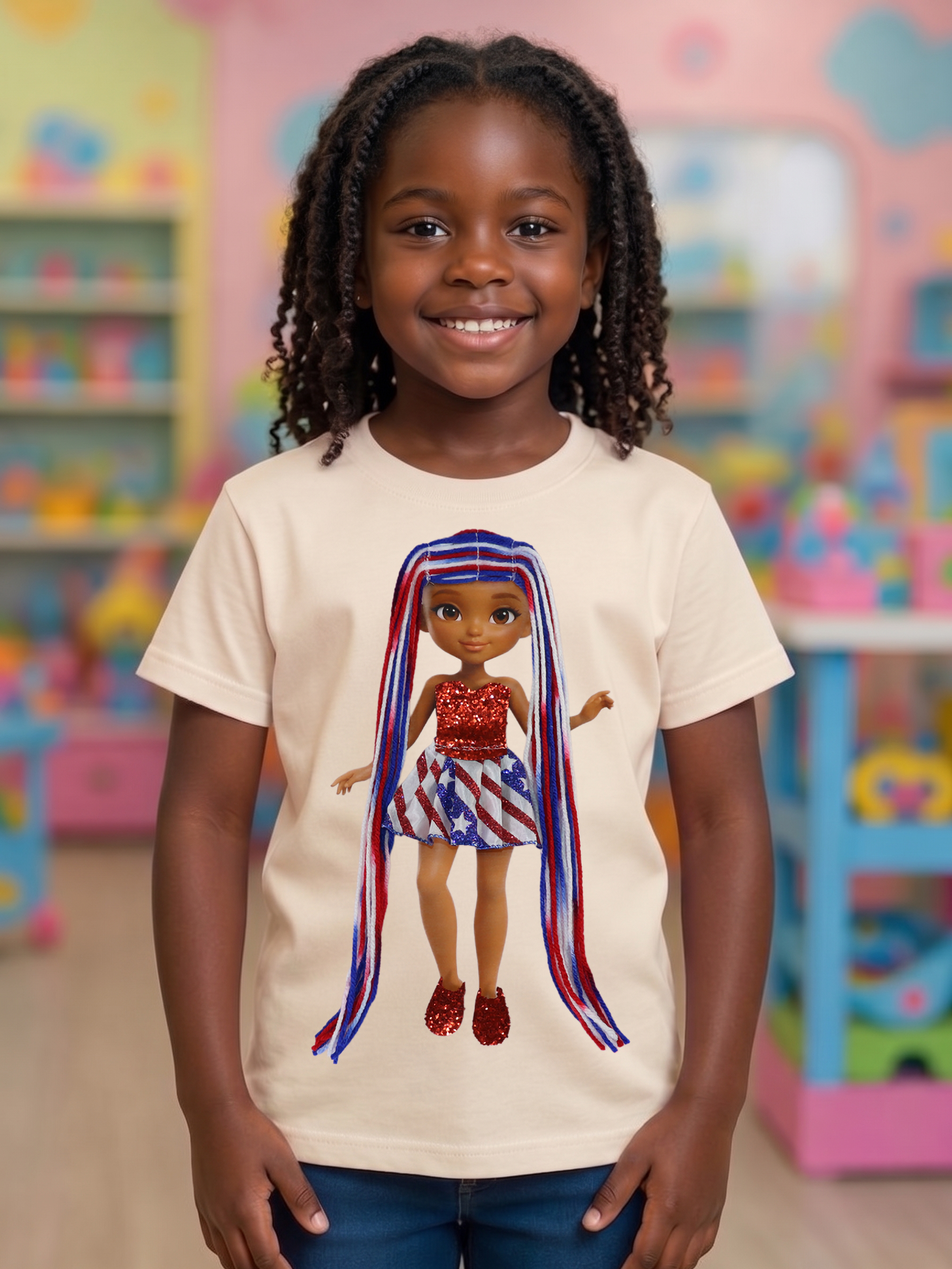 Americana Interactive Dress-Up Doll T-Shirt with Changeable Outfits and Hair – 3D Interactive Girl’s Tee – Unique Creative Gift