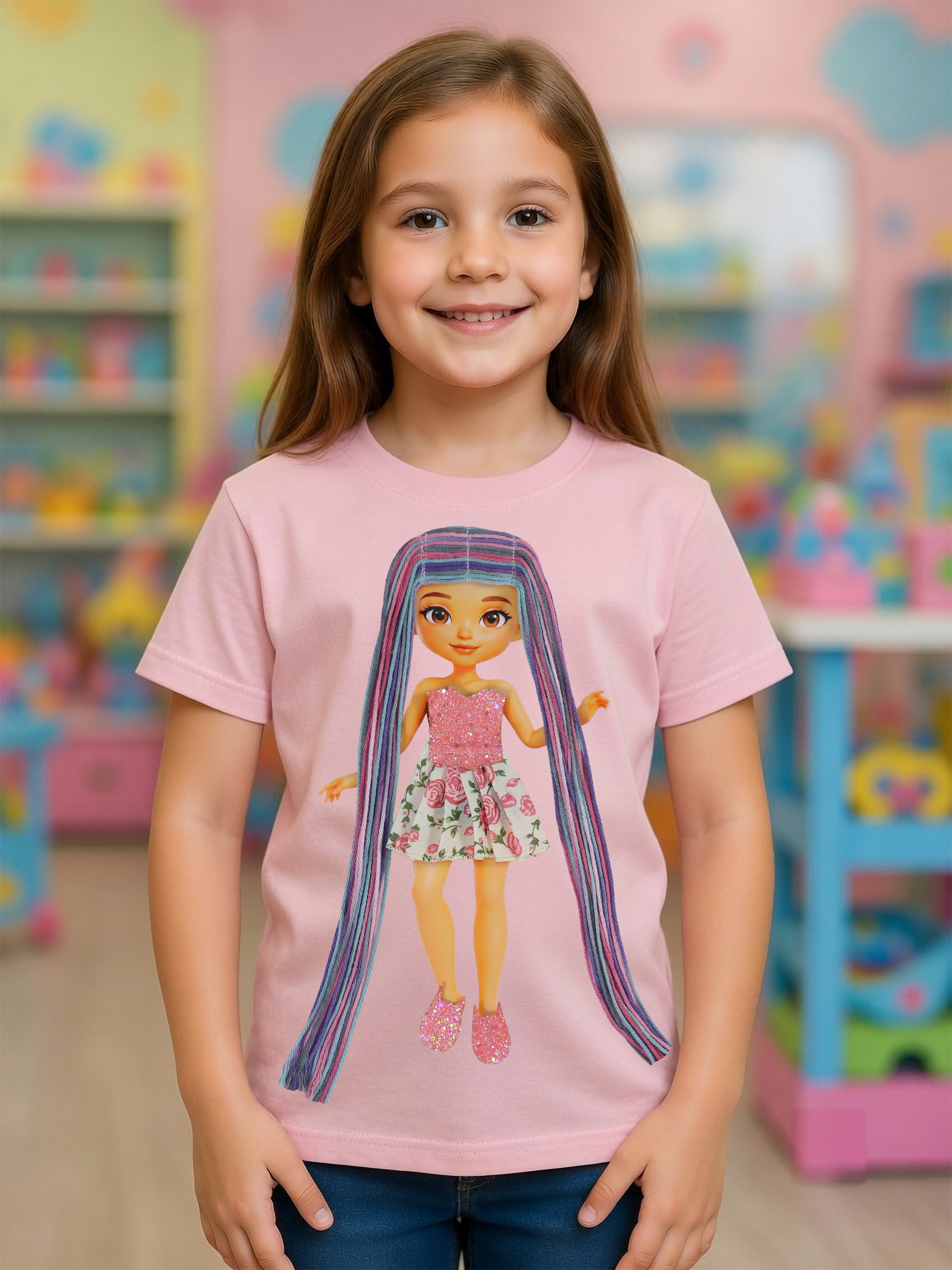 Vibrant Purple Interactive Dress-Up Doll T-Shirt with Changeable Outfits and Hair – 3D Interactive Girl’s Tee – Unique Creative Gift (Kopya)