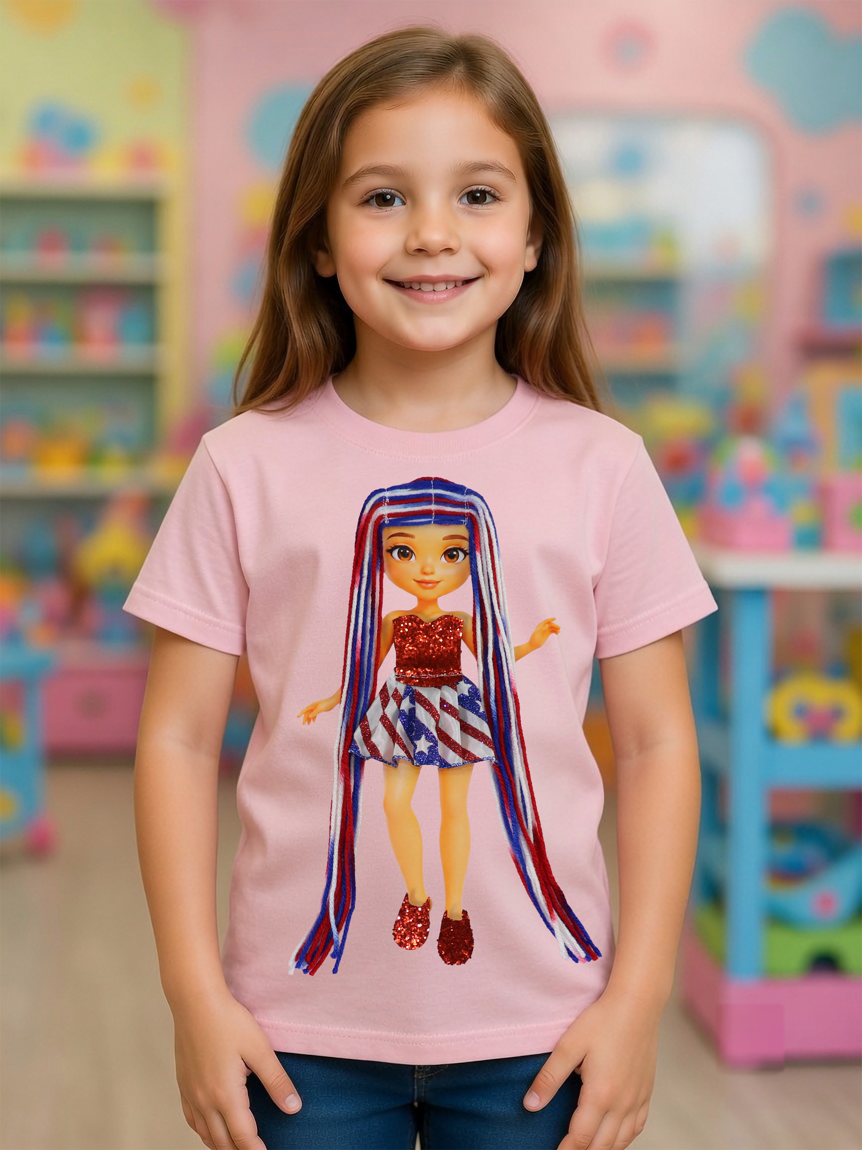 Americana Interactive Dress-Up Doll T-Shirt with Changeable Outfits and Hair – 3D Interactive Girl’s Tee – Unique Creative Gift