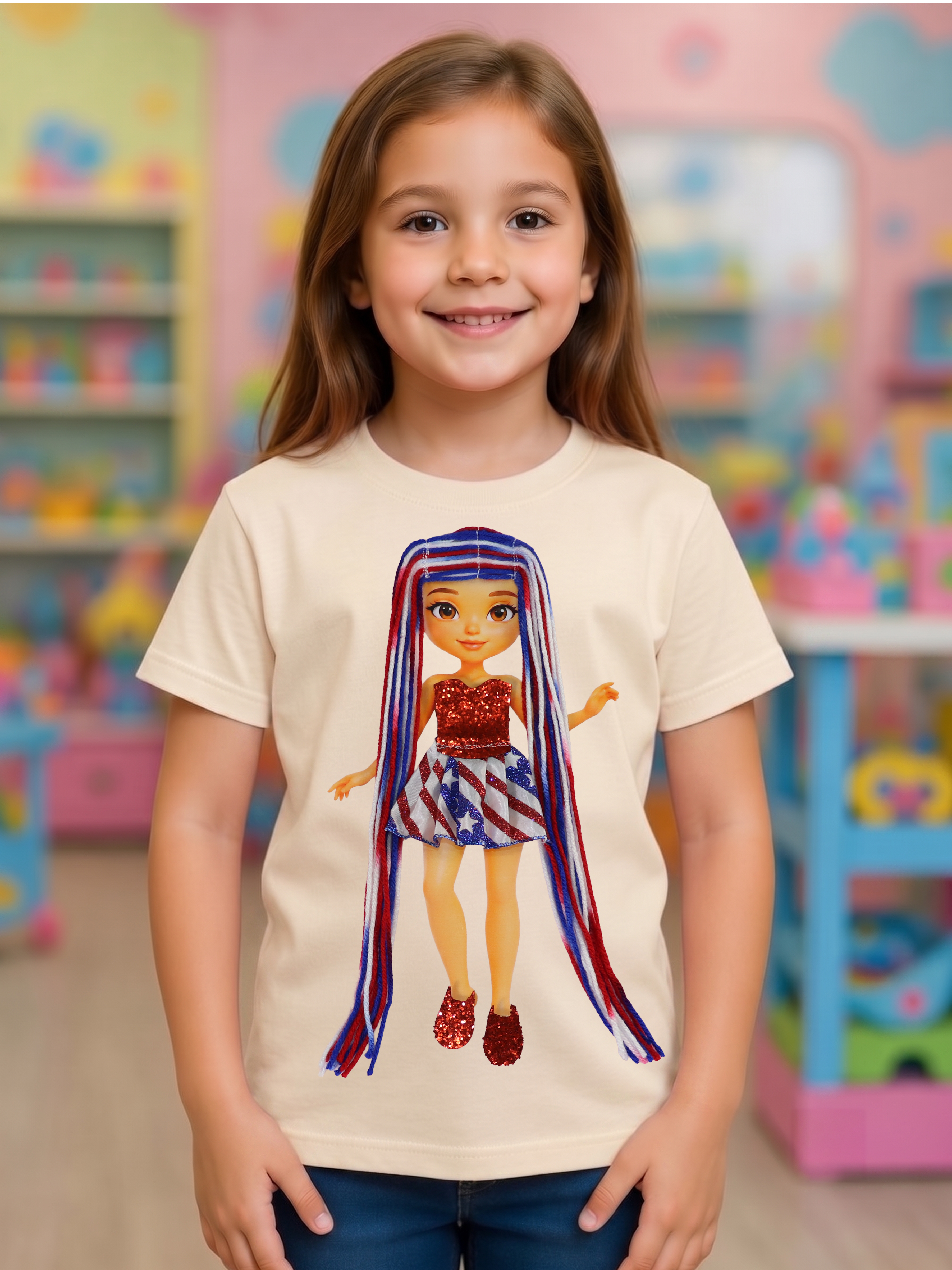Americana Interactive Dress-Up Doll T-Shirt with Changeable Outfits and Hair – 3D Interactive Girl’s Tee – Unique Creative Gift